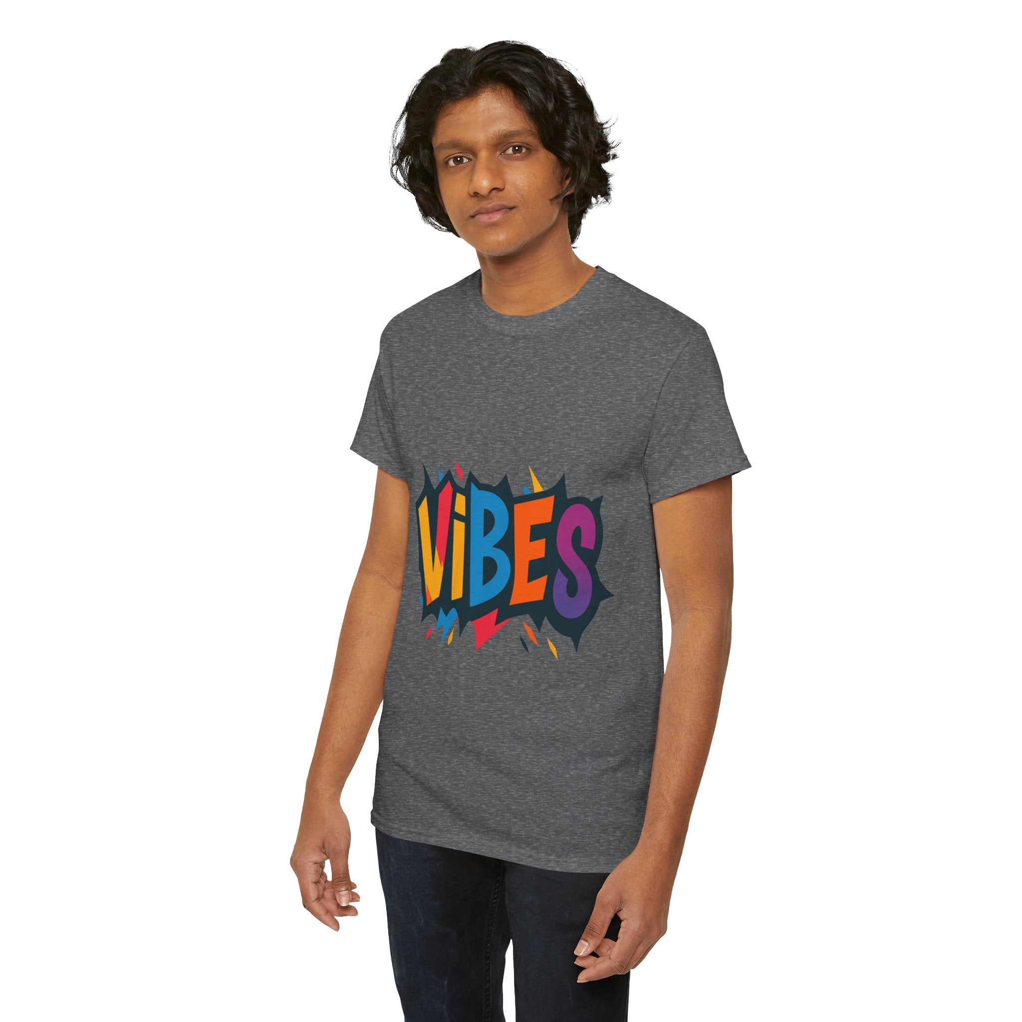 Colorful Vibes Unisex Heavy Cotton Tee – Trendy Graphic Streetwear T-Shirt, Positive Energy Outfit, Casual Everyday Gift for Friends