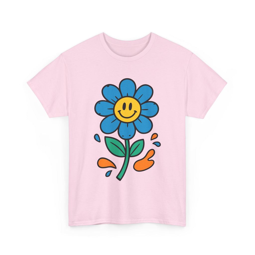Happy Flower Unisex Heavy Cotton Tee – Cute Smiley Graphic Shirt, Nature Lover Gift, Casual Summer Style, Festival & Everyday Wear
