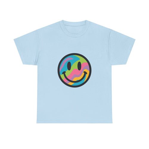 Colorful Smiley Face Unisex Heavy Cotton Tee – Casual Streetwear Graphic Shirt, Happiness Vibes, Summer Fashion Gift for Friends