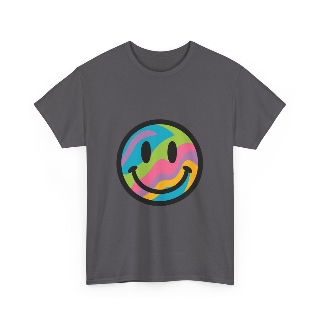 Colorful Smiley Face Unisex Heavy Cotton Tee – Casual Streetwear Graphic Shirt, Happiness Vibes, Summer Fashion Gift for Friends