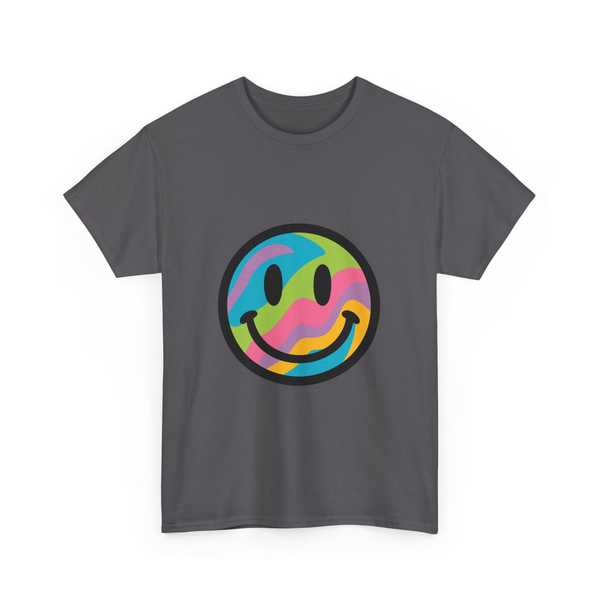 Colorful Smiley Face Unisex Heavy Cotton Tee – Casual Streetwear Graphic Shirt, Happiness Vibes, Summer Fashion Gift for Friends