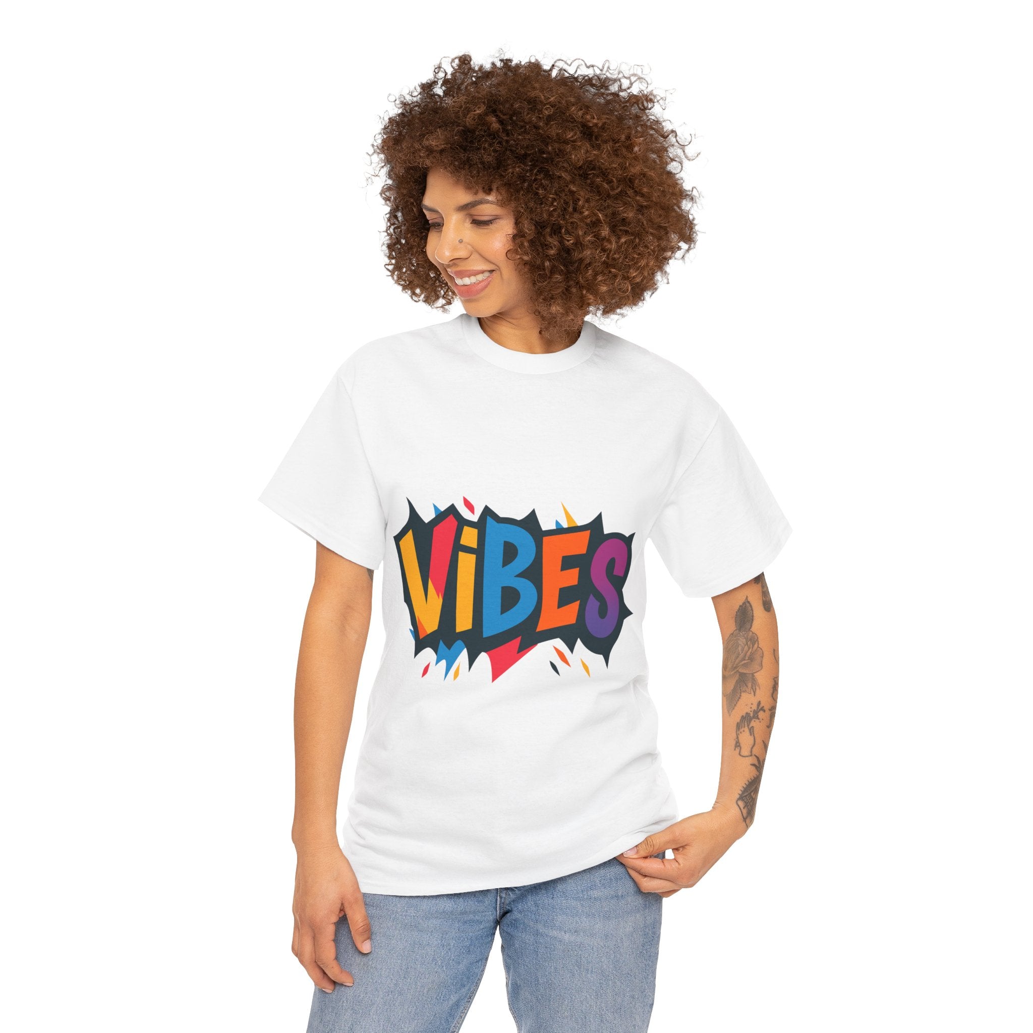 Colorful Vibes Unisex Heavy Cotton Tee – Trendy Graphic Streetwear T-Shirt, Positive Energy Outfit, Casual Everyday Gift for Friends