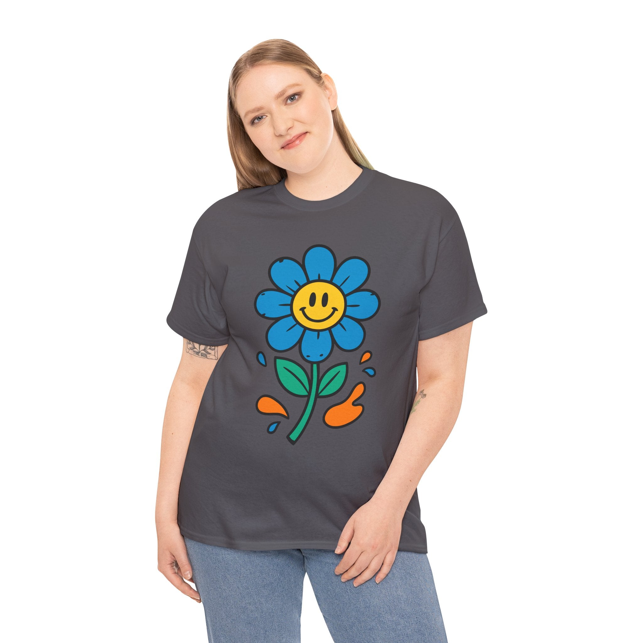 Happy Flower Unisex Heavy Cotton Tee – Cute Smiley Graphic Shirt, Nature Lover Gift, Casual Summer Style, Festival & Everyday Wear