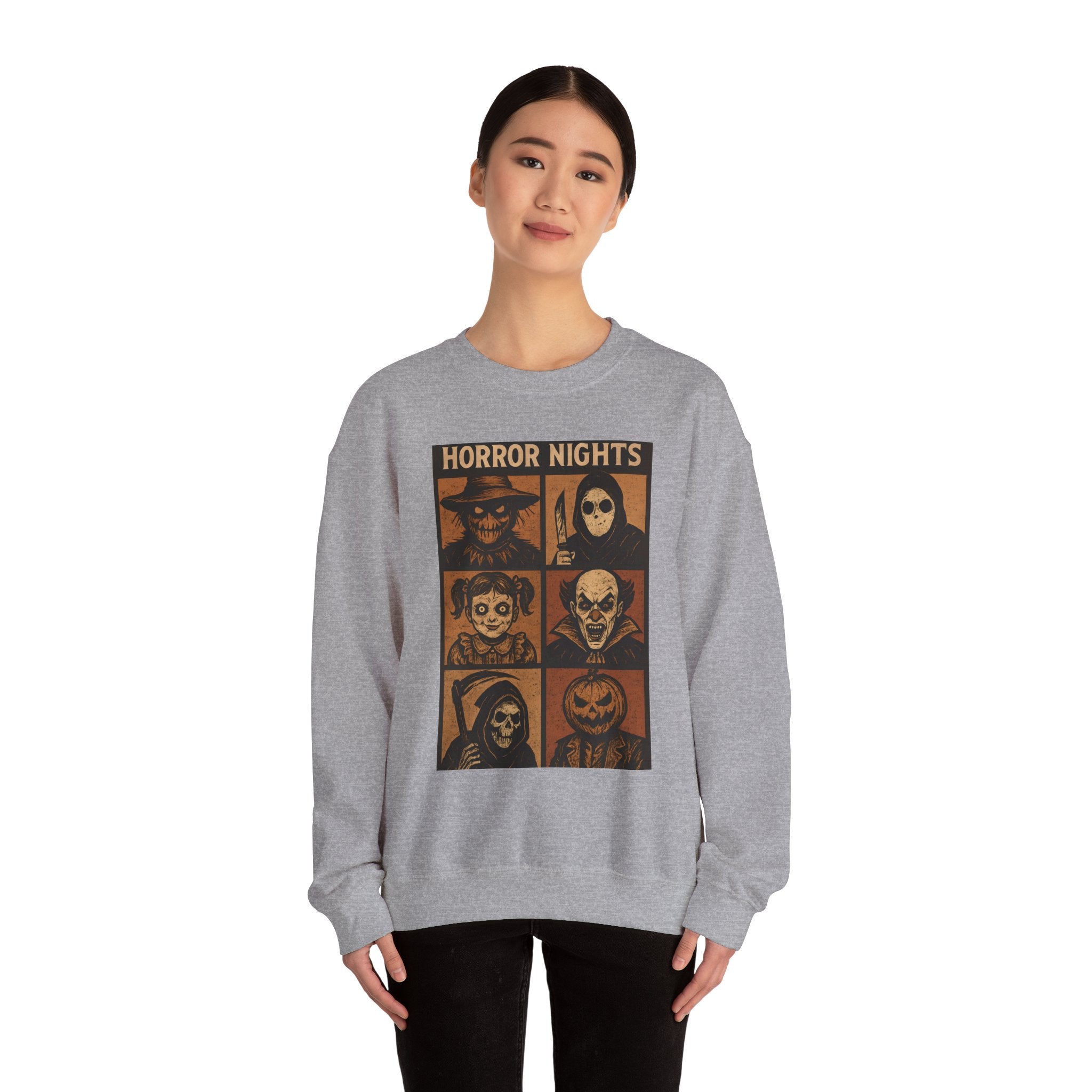 Horror Nights Sweatshirt | Cozy Halloween Crewneck, Spooky Unisex Graphic Sweatshirt, Horror Movie Lovers’ Apparel, Fall & October Fashion