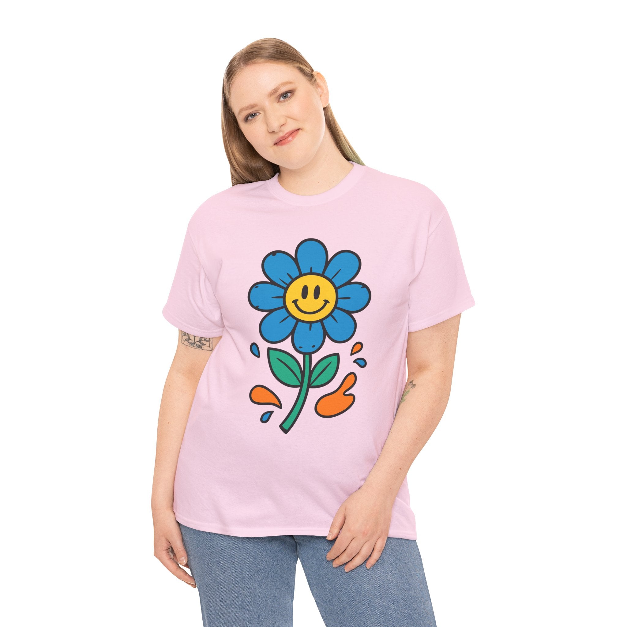Happy Flower Unisex Heavy Cotton Tee – Cute Smiley Graphic Shirt, Nature Lover Gift, Casual Summer Style, Festival & Everyday Wear
