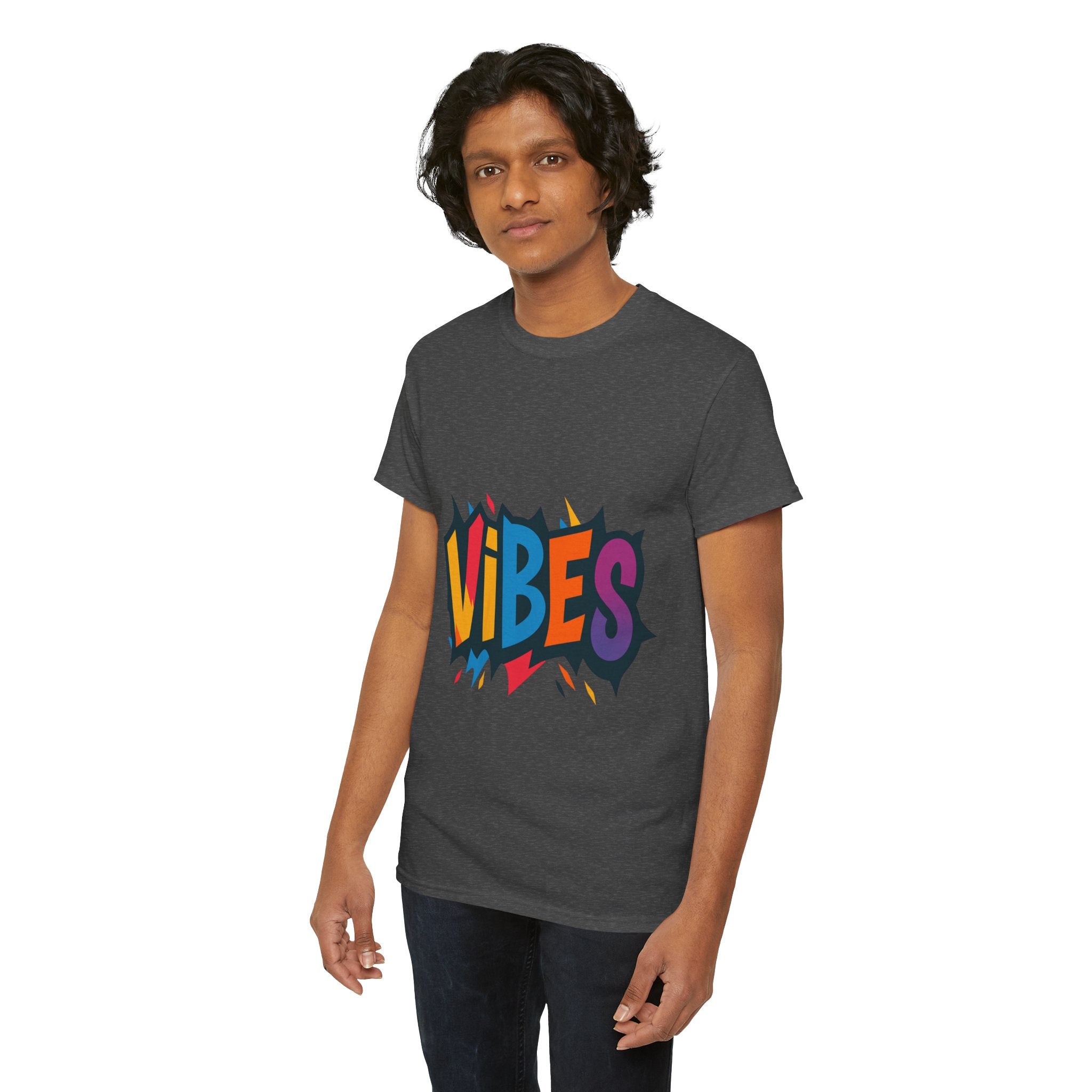 Colorful Vibes Unisex Heavy Cotton Tee – Trendy Graphic Streetwear T-Shirt, Positive Energy Outfit, Casual Everyday Gift for Friends