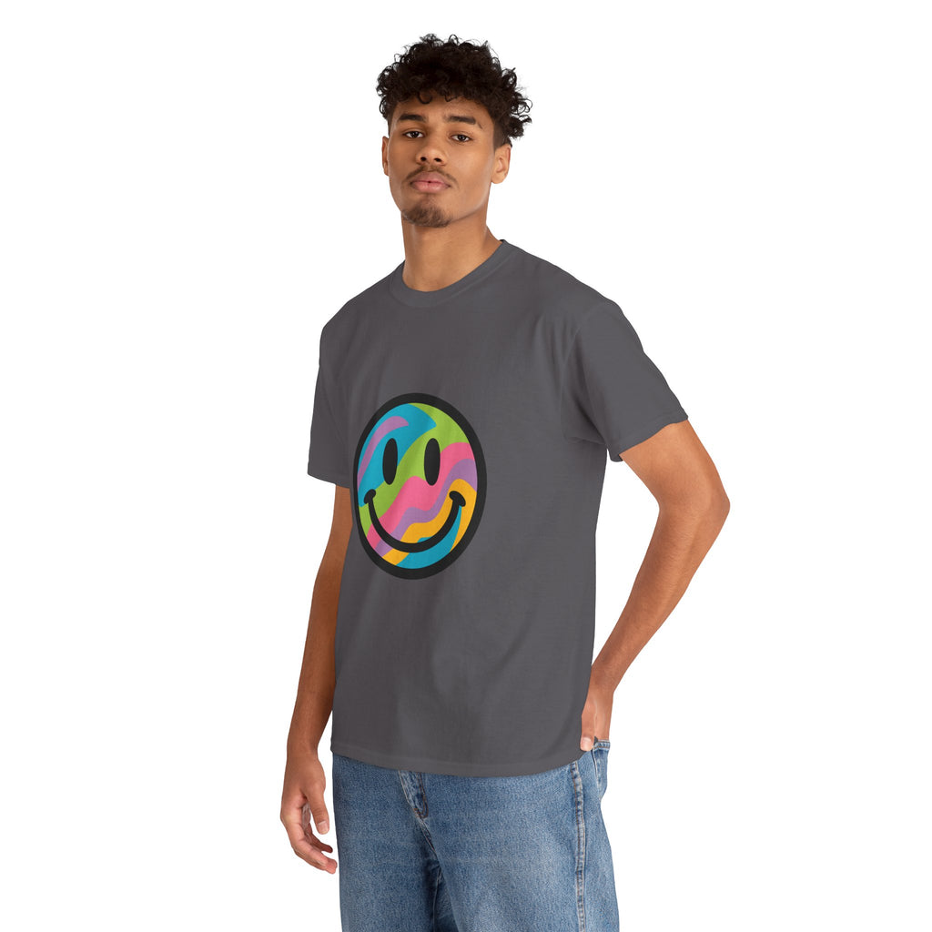 Colorful Smiley Face Unisex Heavy Cotton Tee – Casual Streetwear Graphic Shirt, Happiness Vibes, Summer Fashion Gift for Friends