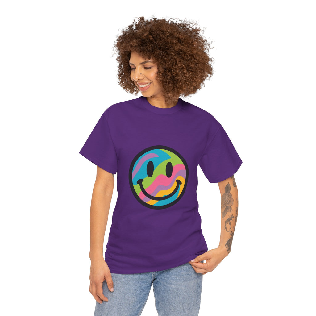 Colorful Smiley Face Unisex Heavy Cotton Tee – Casual Streetwear Graphic Shirt, Happiness Vibes, Summer Fashion Gift for Friends