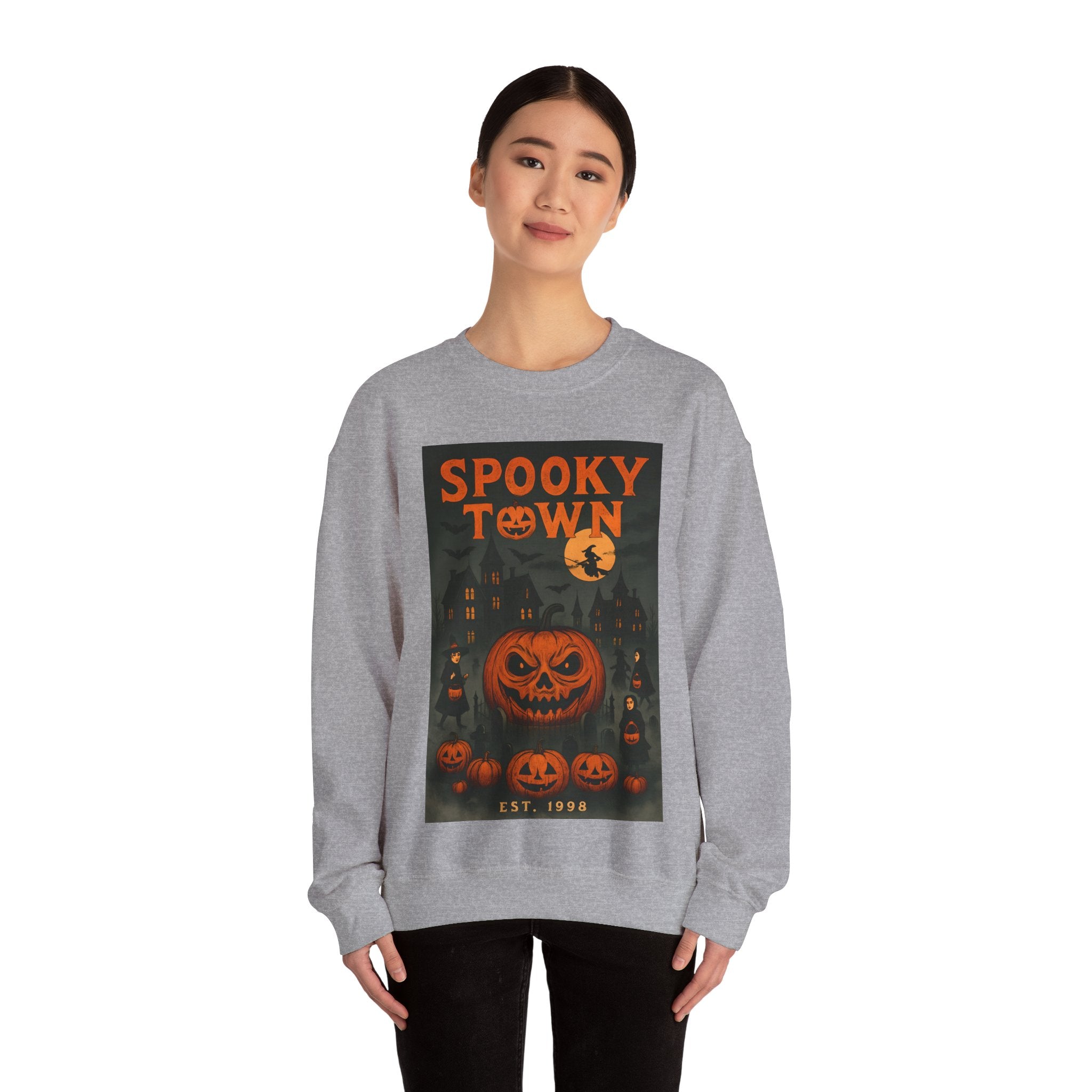 Spooky Town Sweatshirt – Cozy Pumpkin Halloween Crewneck, Unisex Fall Fashion, Autumn Wardrobe Essential