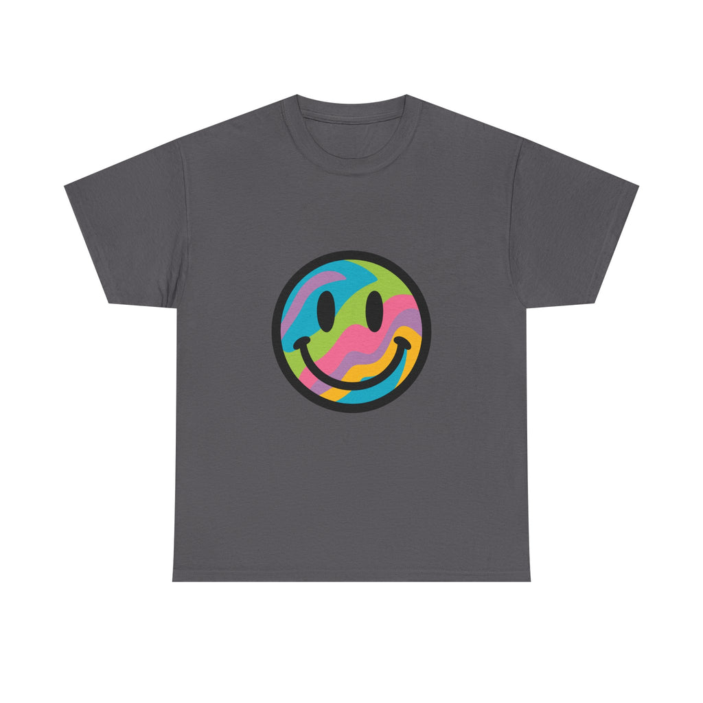 Colorful Smiley Face Unisex Heavy Cotton Tee – Casual Streetwear Graphic Shirt, Happiness Vibes, Summer Fashion Gift for Friends