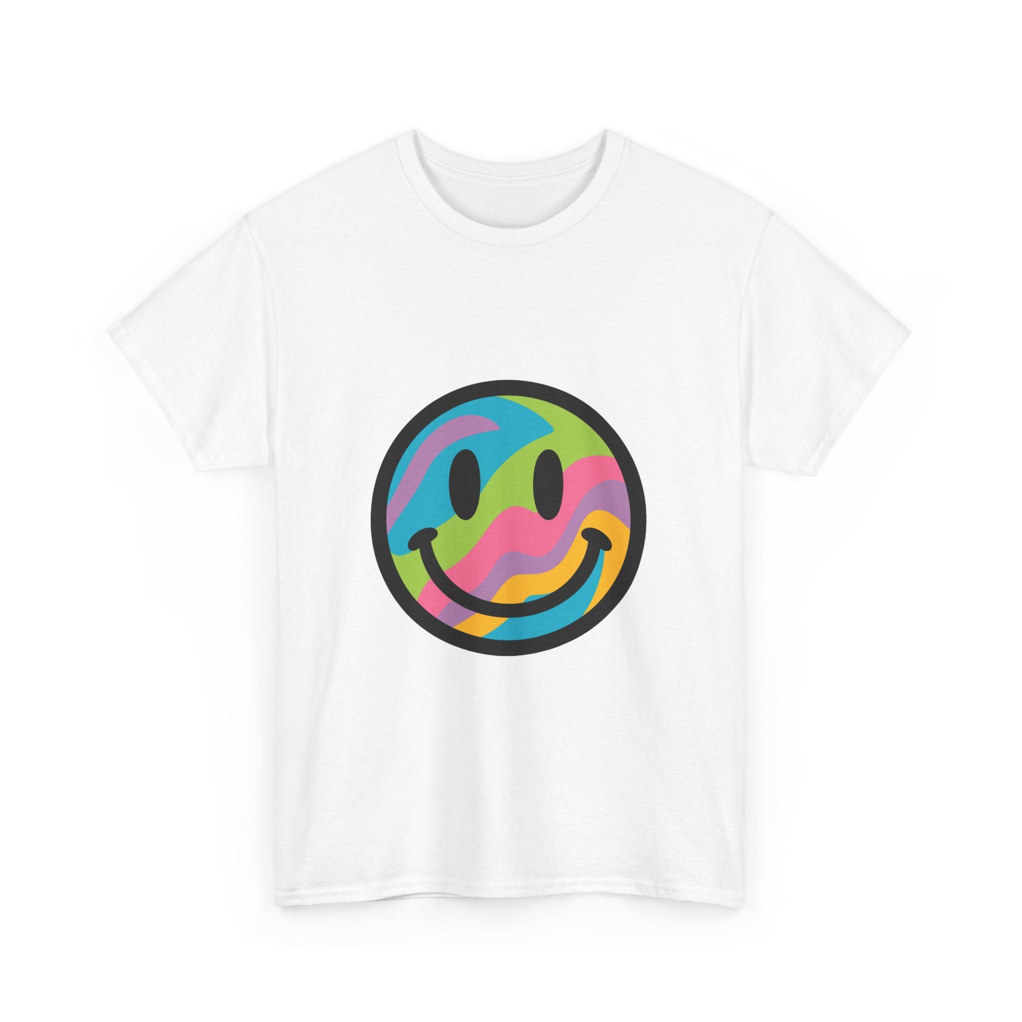 Colorful Smiley Face Unisex Heavy Cotton Tee – Casual Streetwear Graphic Shirt, Happiness Vibes, Summer Fashion Gift for Friends