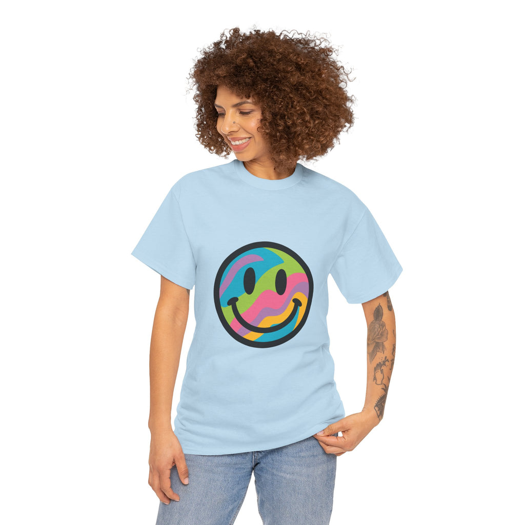 Colorful Smiley Face Unisex Heavy Cotton Tee – Casual Streetwear Graphic Shirt, Happiness Vibes, Summer Fashion Gift for Friends