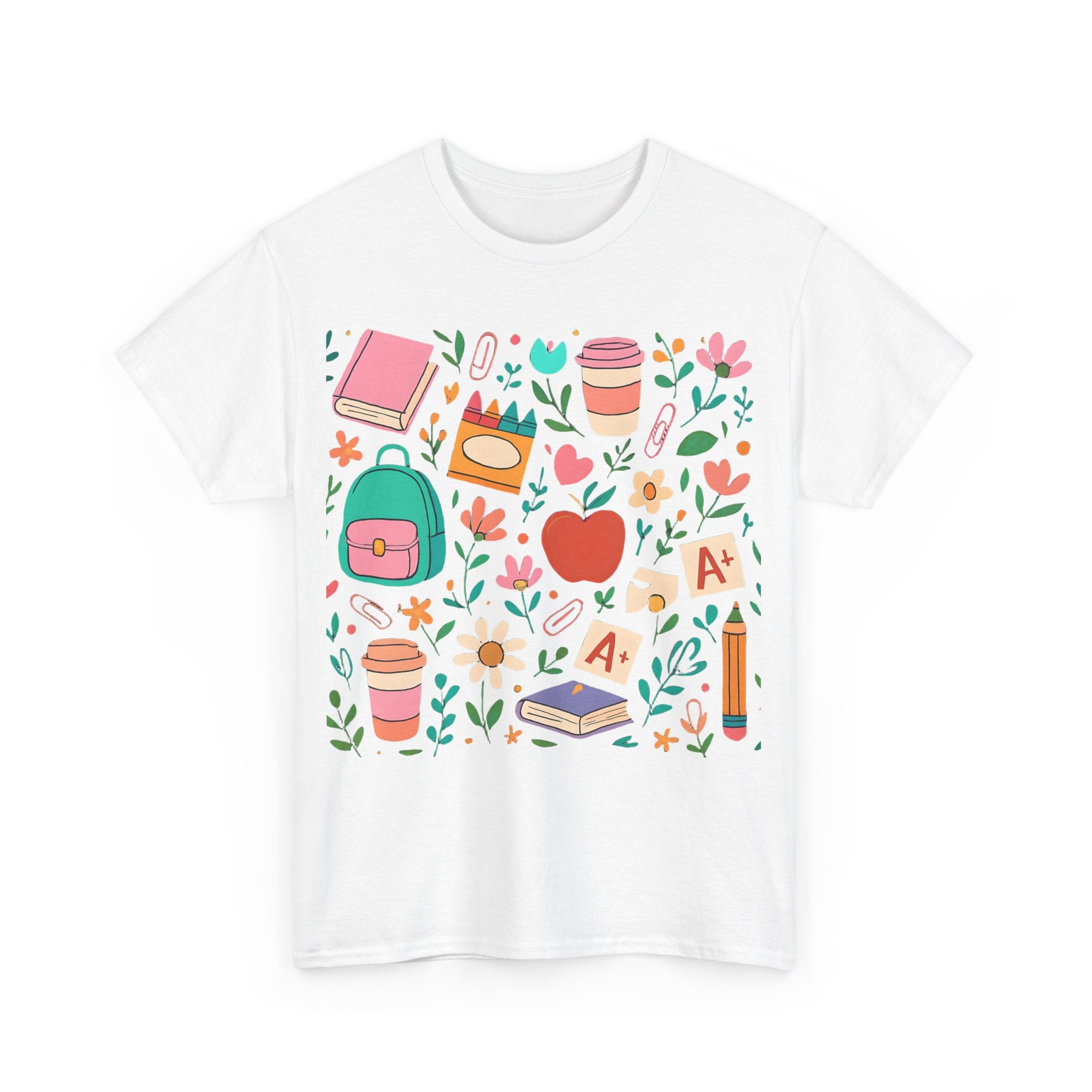Teacher School Supplies Shirt – Cute Back to School Graphic Tee with Coffee, Books & A+ Icons | Gift for Educators & Classroom Style