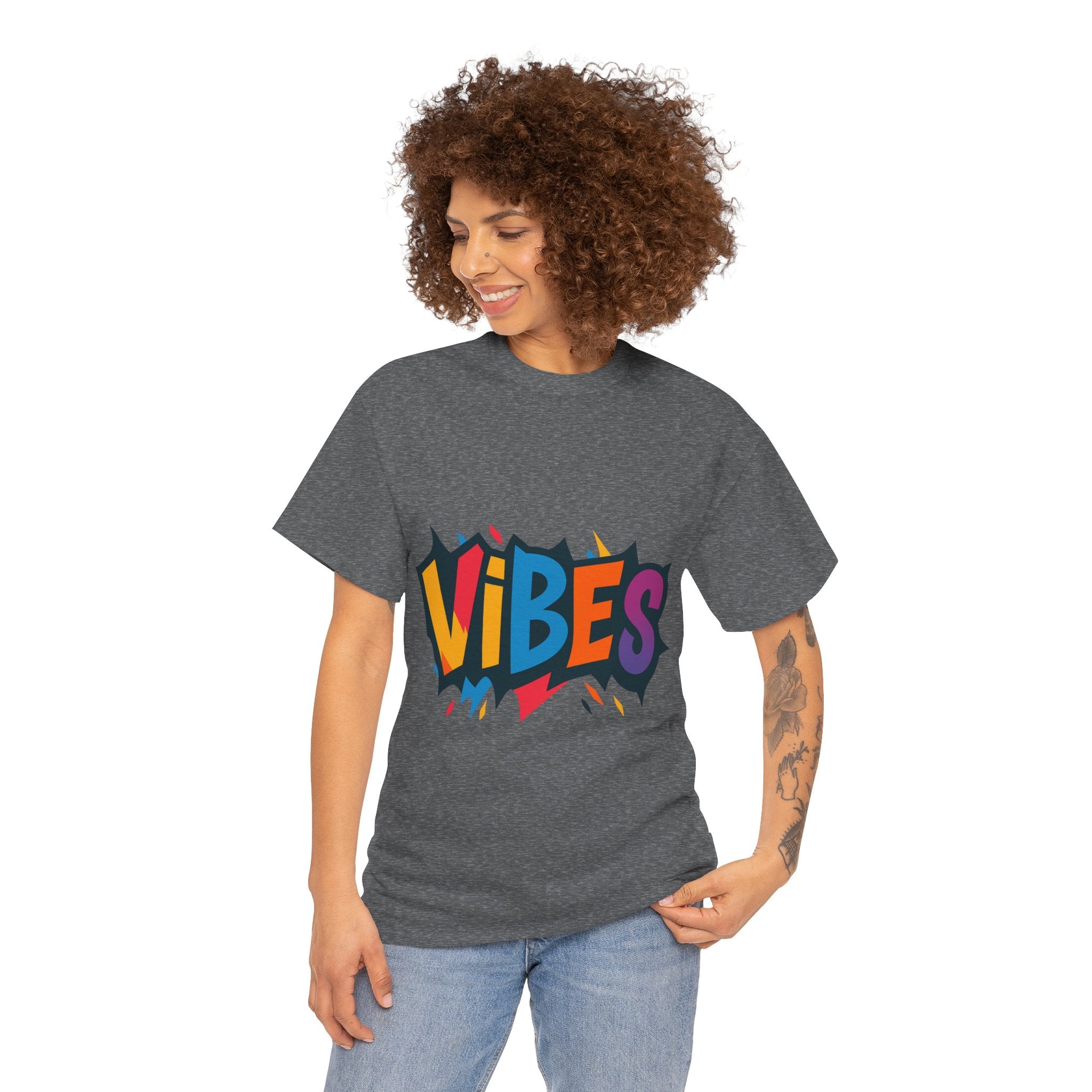 Colorful Vibes Unisex Heavy Cotton Tee – Trendy Graphic Streetwear T-Shirt, Positive Energy Outfit, Casual Everyday Gift for Friends