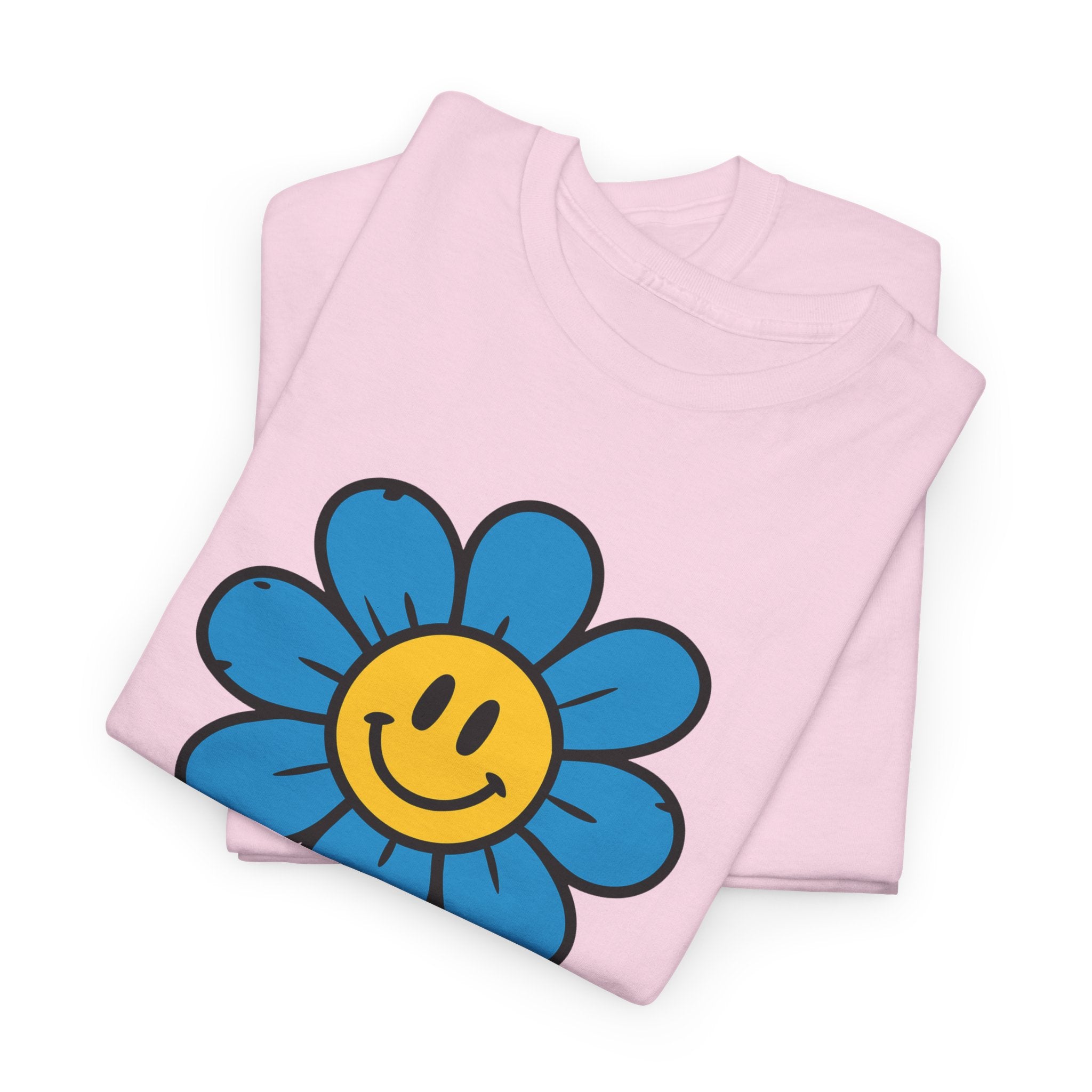 Happy Flower Unisex Heavy Cotton Tee – Cute Smiley Graphic Shirt, Nature Lover Gift, Casual Summer Style, Festival & Everyday Wear