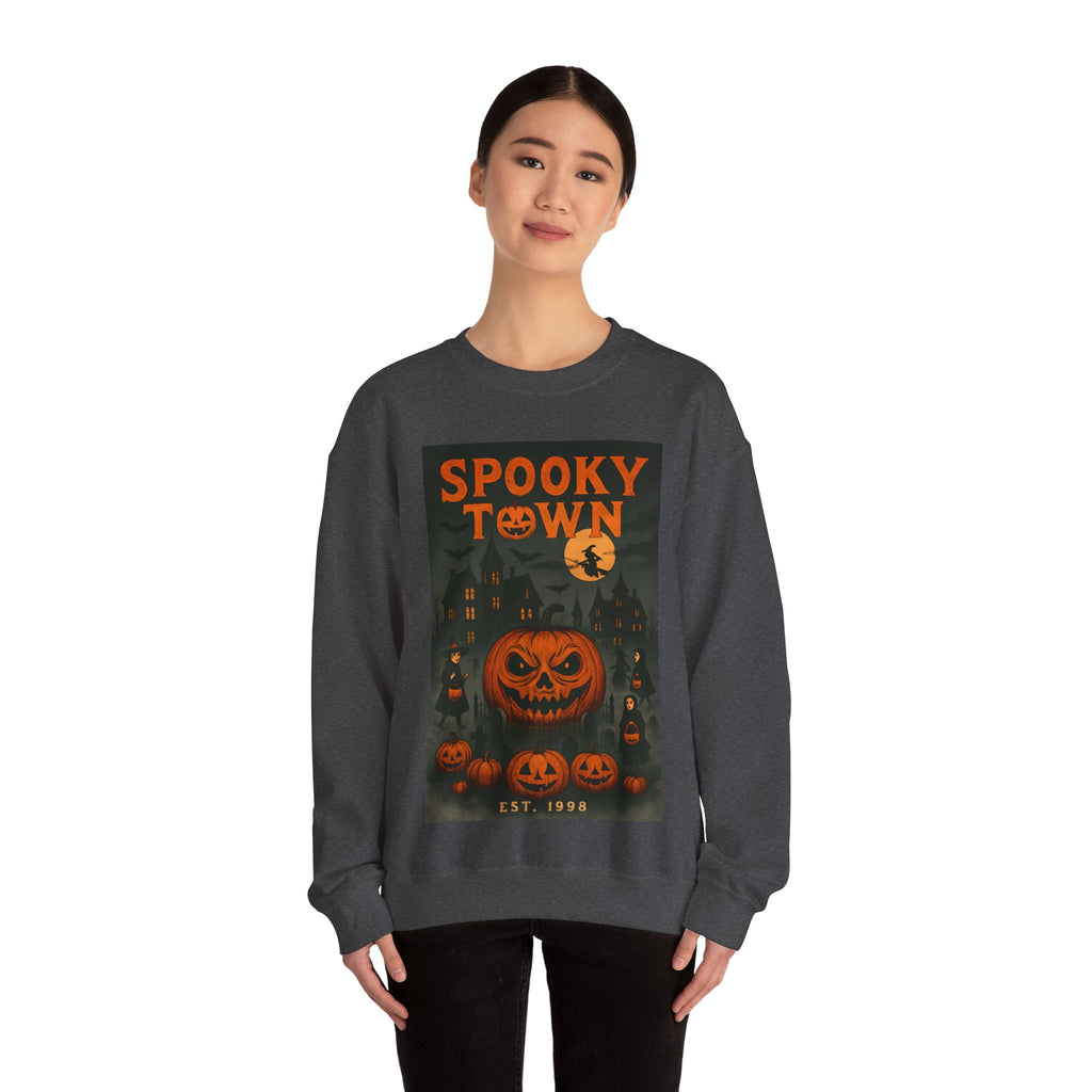 Spooky Town Sweatshirt – Cozy Pumpkin Halloween Crewneck, Unisex Fall Fashion, Autumn Wardrobe Essential