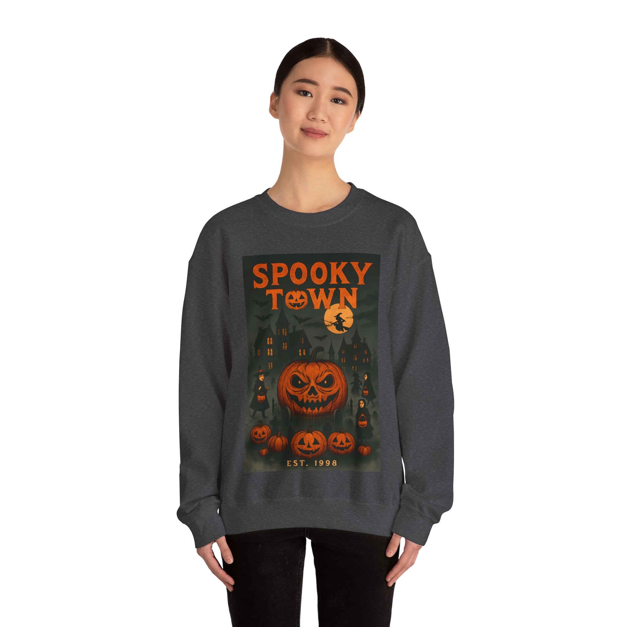 Spooky Town Sweatshirt – Cozy Pumpkin Halloween Crewneck, Unisex Fall Fashion, Autumn Wardrobe Essential