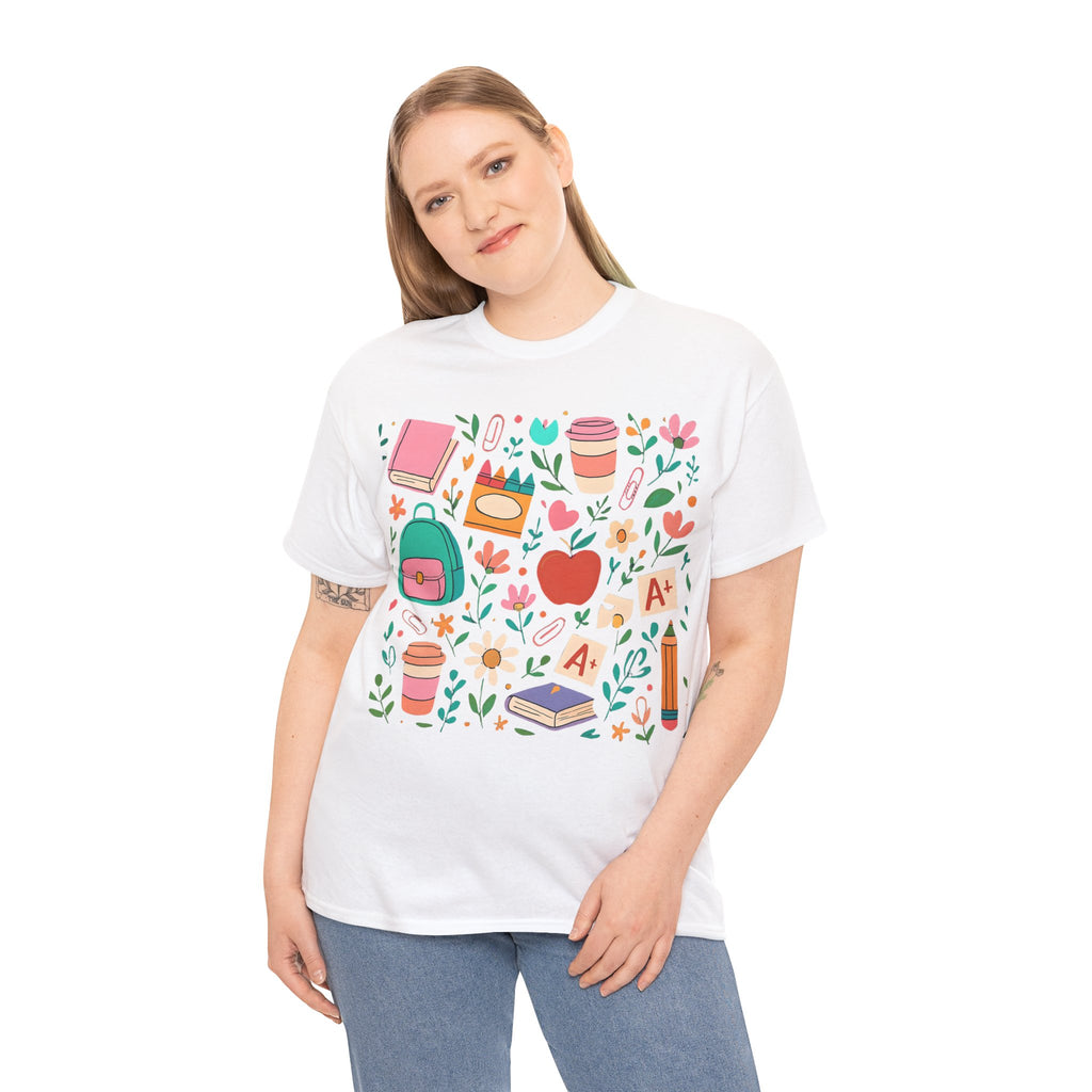 Teacher School Supplies Shirt – Cute Back to School Graphic Tee with Coffee, Books & A+ Icons | Gift for Educators & Classroom Style