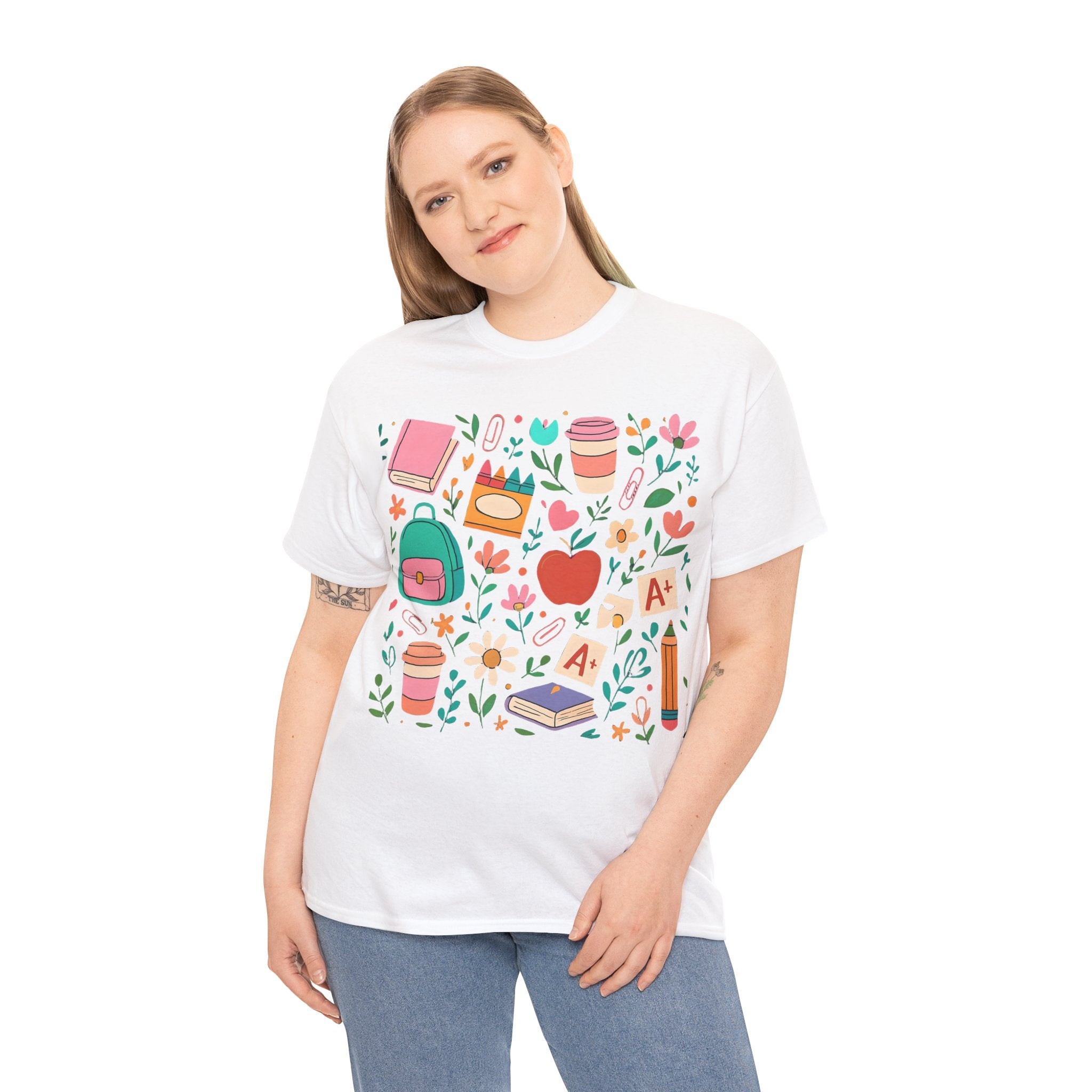 Teacher School Supplies Shirt – Cute Back to School Graphic Tee with Coffee, Books & A+ Icons | Gift for Educators & Classroom Style