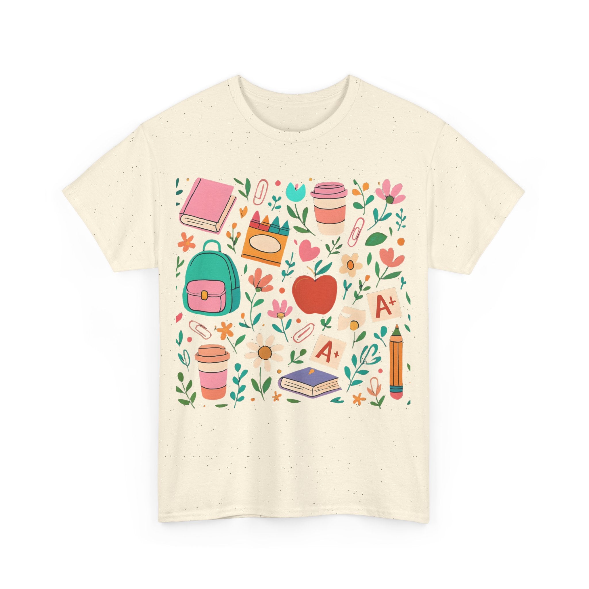 Teacher School Supplies Shirt – Cute Back to School Graphic Tee with Coffee, Books & A+ Icons | Gift for Educators & Classroom Style