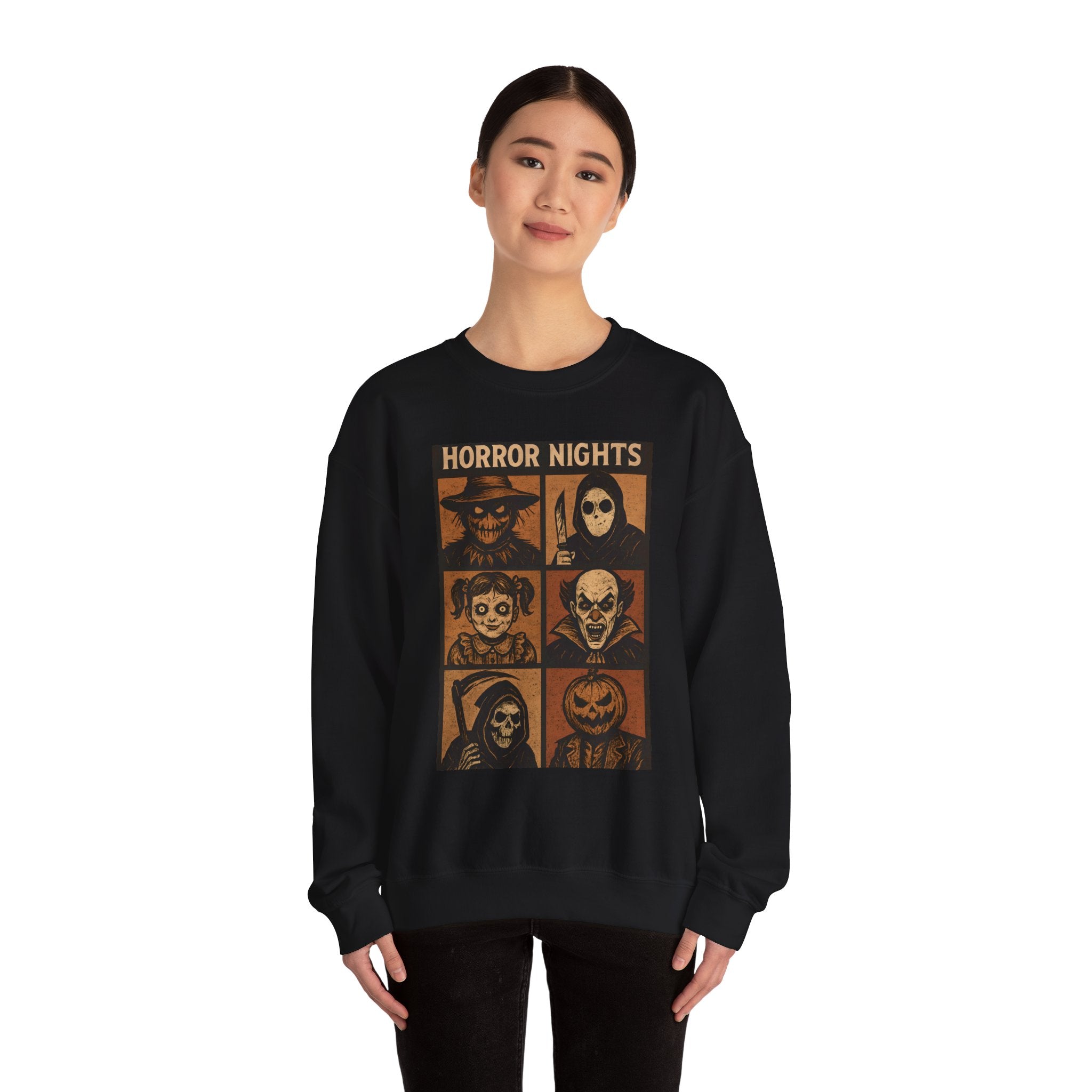 Horror Nights Sweatshirt | Cozy Halloween Crewneck, Spooky Unisex Graphic Sweatshirt, Horror Movie Lovers’ Apparel, Fall & October Fashion