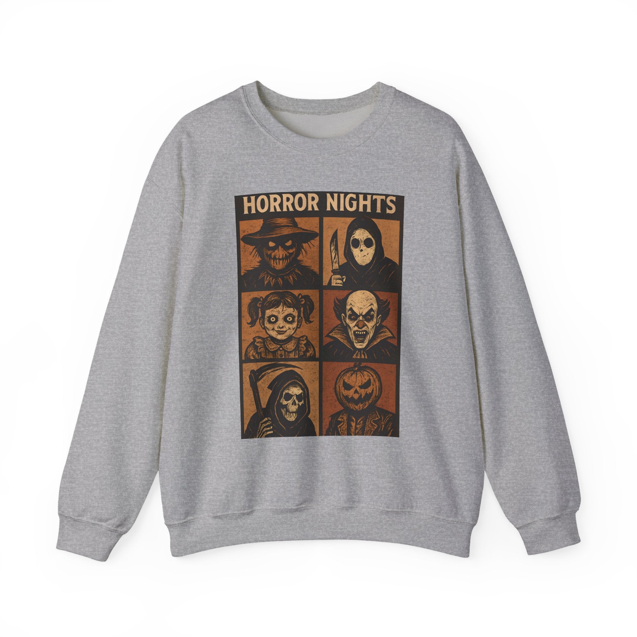 Horror Nights Sweatshirt | Cozy Halloween Crewneck, Spooky Unisex Graphic Sweatshirt, Horror Movie Lovers’ Apparel, Fall & October Fashion