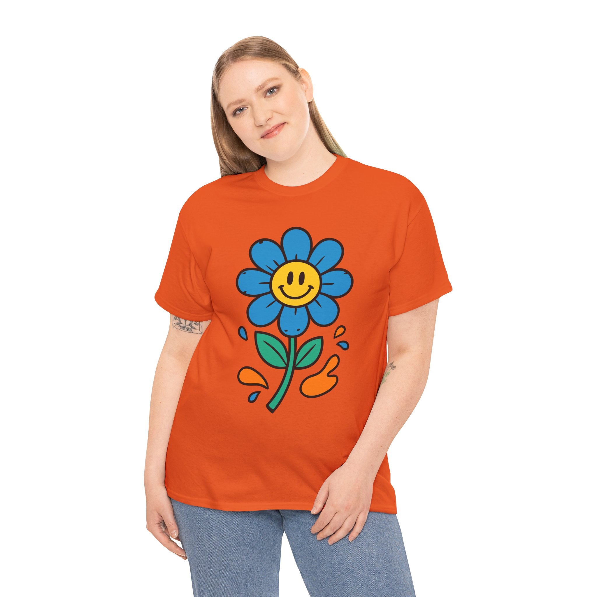 Happy Flower Unisex Heavy Cotton Tee – Cute Smiley Graphic Shirt, Nature Lover Gift, Casual Summer Style, Festival & Everyday Wear