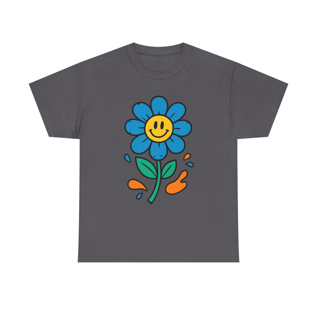 Happy Flower Unisex Heavy Cotton Tee – Cute Smiley Graphic Shirt, Nature Lover Gift, Casual Summer Style, Festival & Everyday Wear