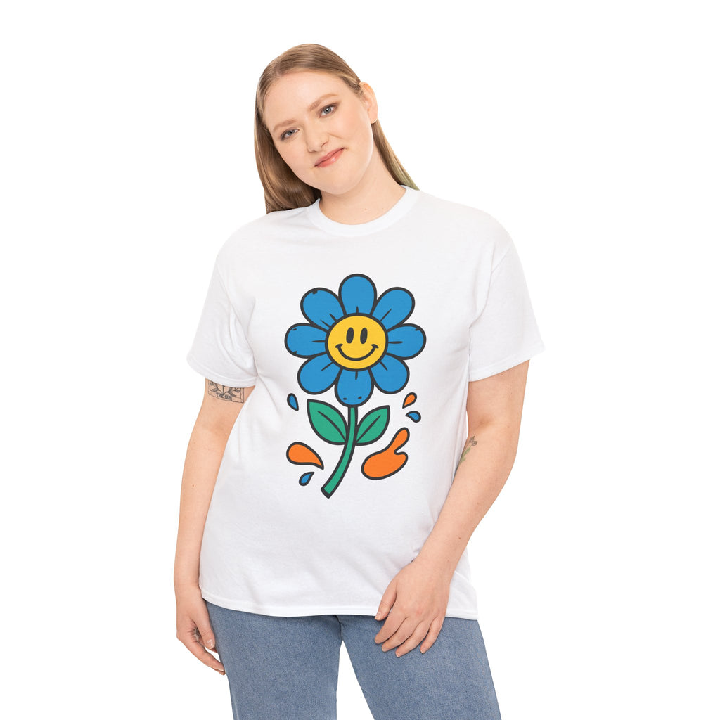 Happy Flower Unisex Heavy Cotton Tee – Cute Smiley Graphic Shirt, Nature Lover Gift, Casual Summer Style, Festival & Everyday Wear