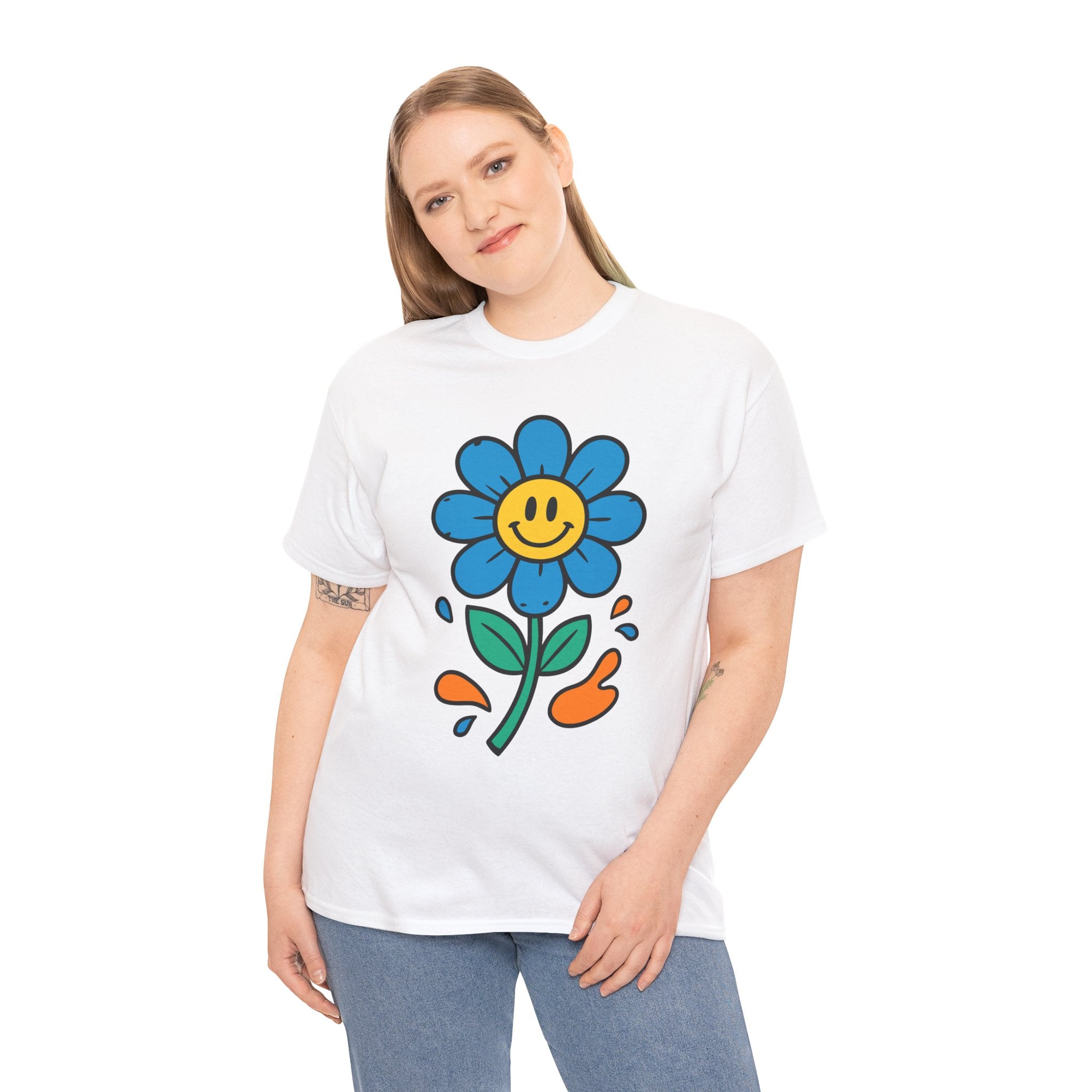 Happy Flower Unisex Heavy Cotton Tee – Cute Smiley Graphic Shirt, Nature Lover Gift, Casual Summer Style, Festival & Everyday Wear