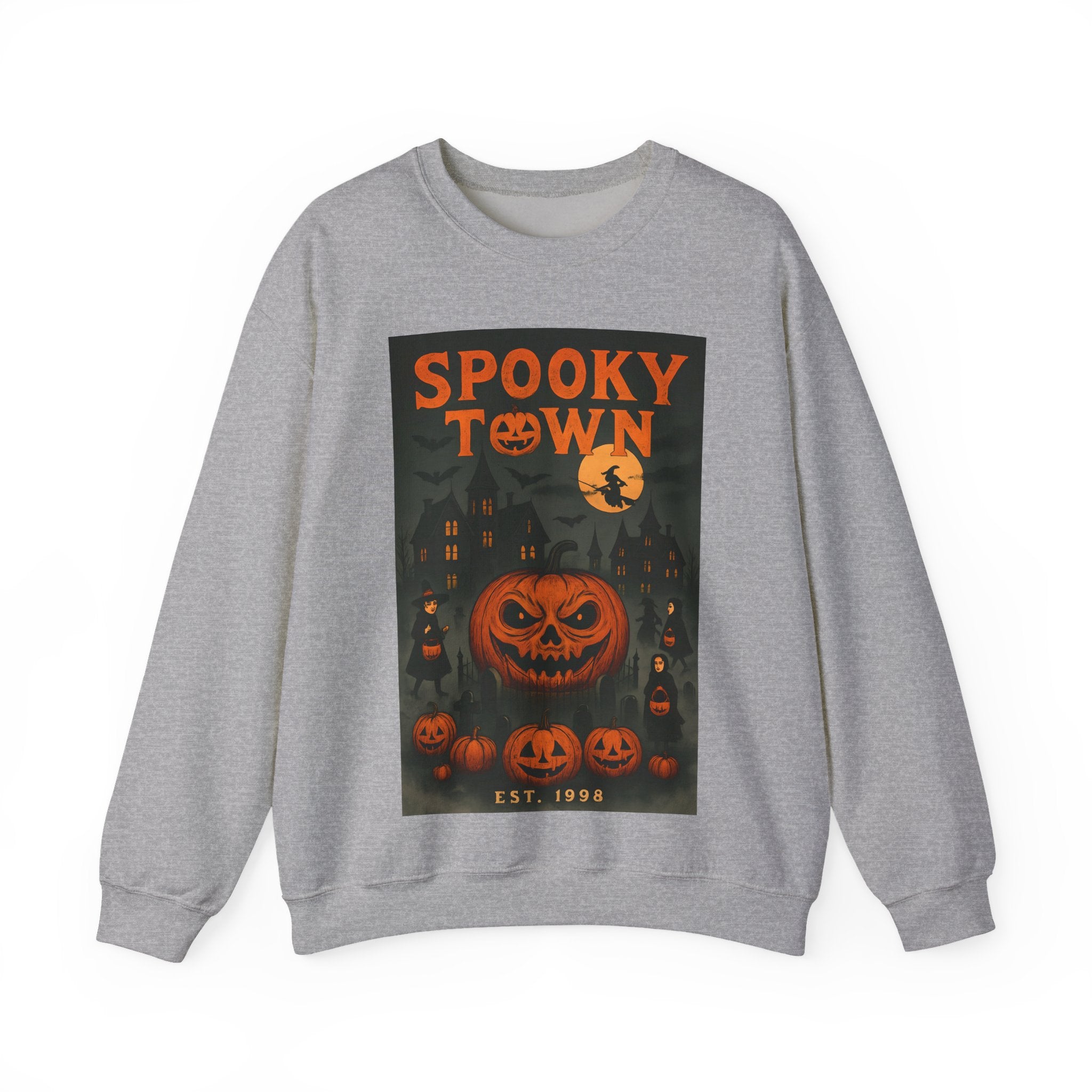 Spooky Town Sweatshirt – Cozy Pumpkin Halloween Crewneck, Unisex Fall Fashion, Autumn Wardrobe Essential