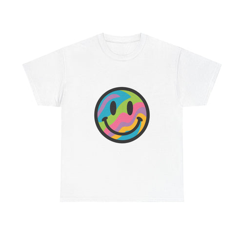 Colorful Smiley Face Unisex Heavy Cotton Tee – Casual Streetwear Graphic Shirt, Happiness Vibes, Summer Fashion Gift for Friends