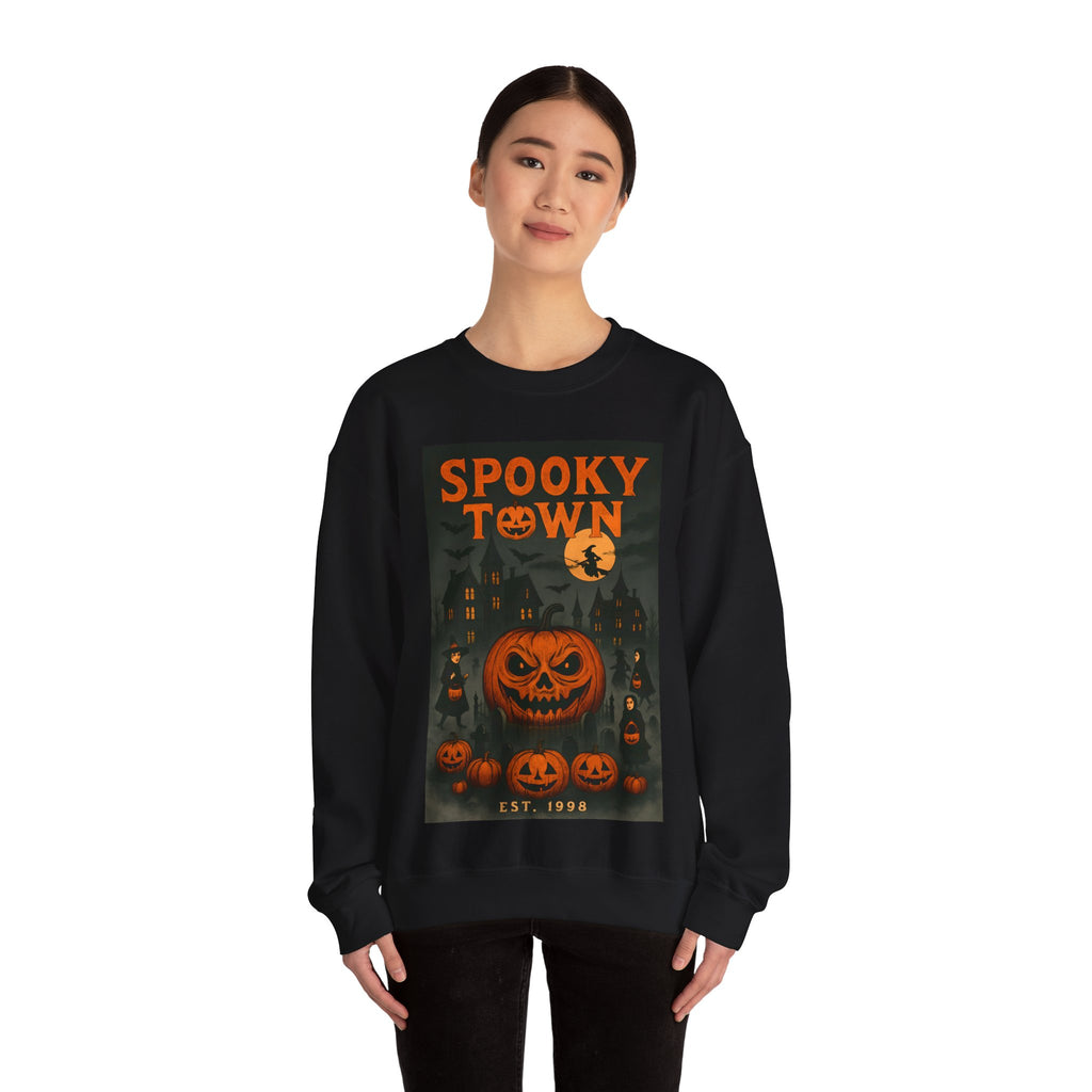 Spooky Town Sweatshirt – Cozy Pumpkin Halloween Crewneck, Unisex Fall Fashion, Autumn Wardrobe Essential