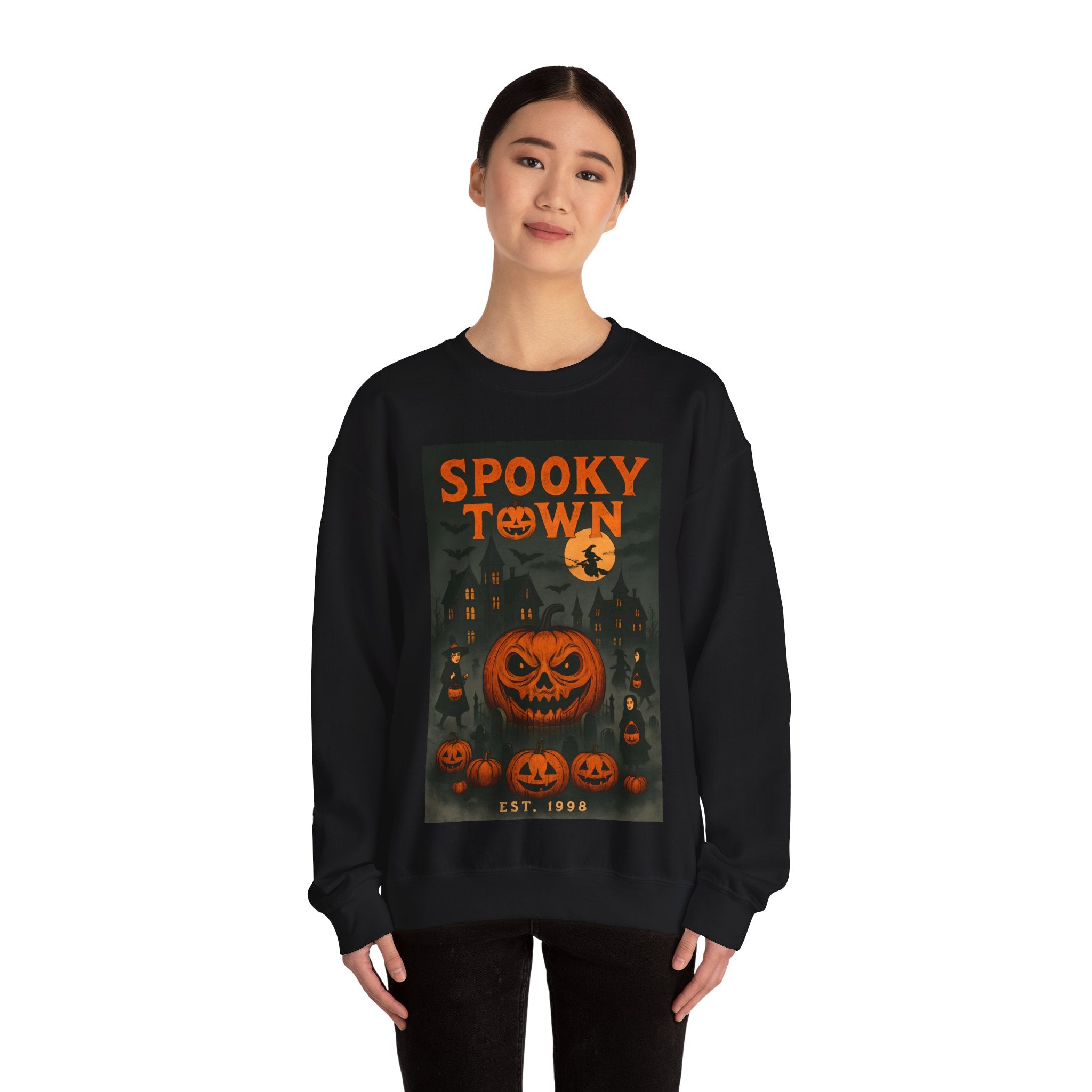 Spooky Town Sweatshirt – Cozy Pumpkin Halloween Crewneck, Unisex Fall Fashion, Autumn Wardrobe Essential