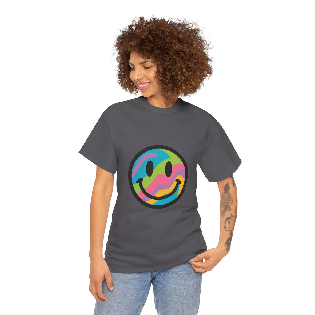 Colorful Smiley Face Unisex Heavy Cotton Tee – Casual Streetwear Graphic Shirt, Happiness Vibes, Summer Fashion Gift for Friends