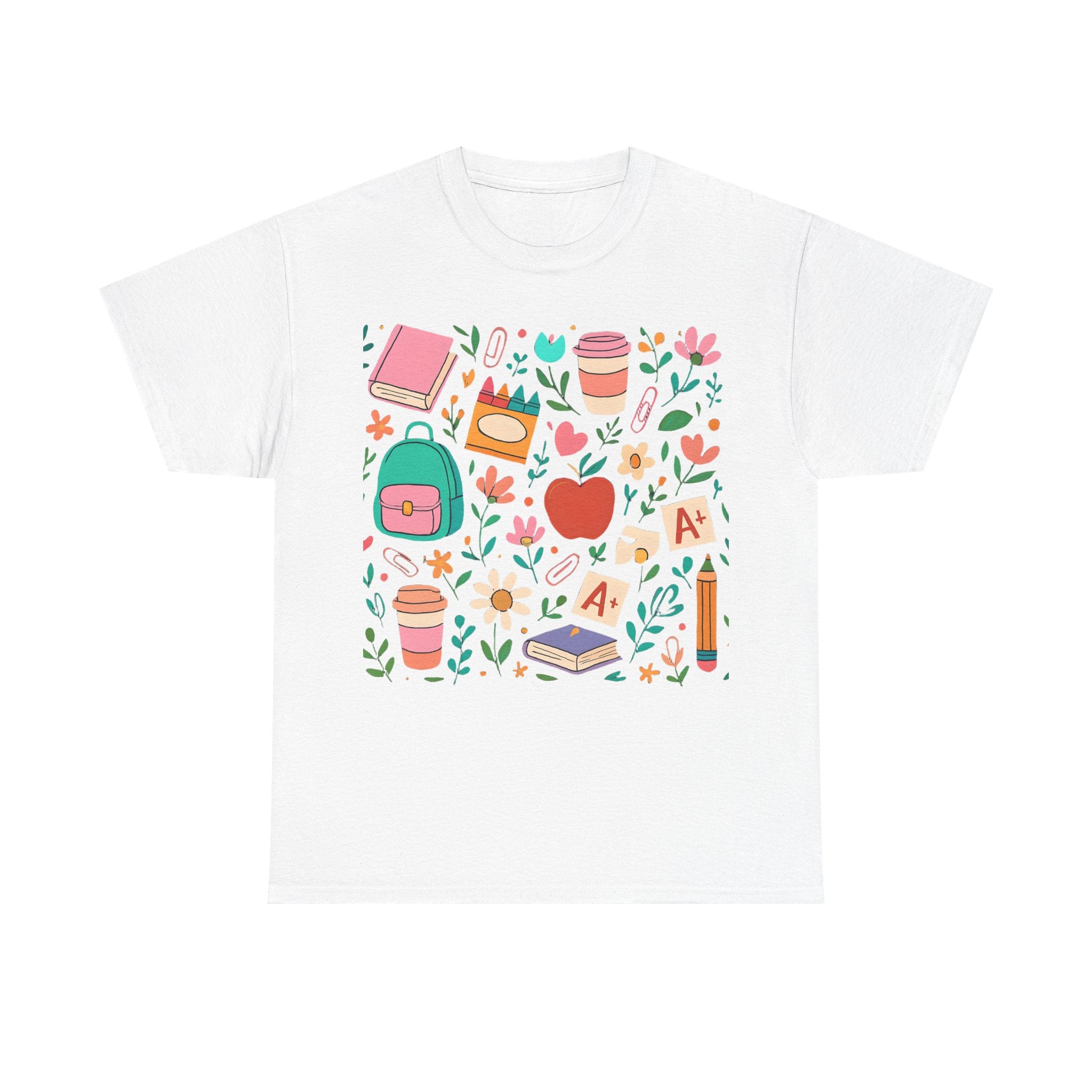 Teacher School Supplies Shirt – Cute Back to School Graphic Tee with Coffee, Books & A+ Icons | Gift for Educators & Classroom Style