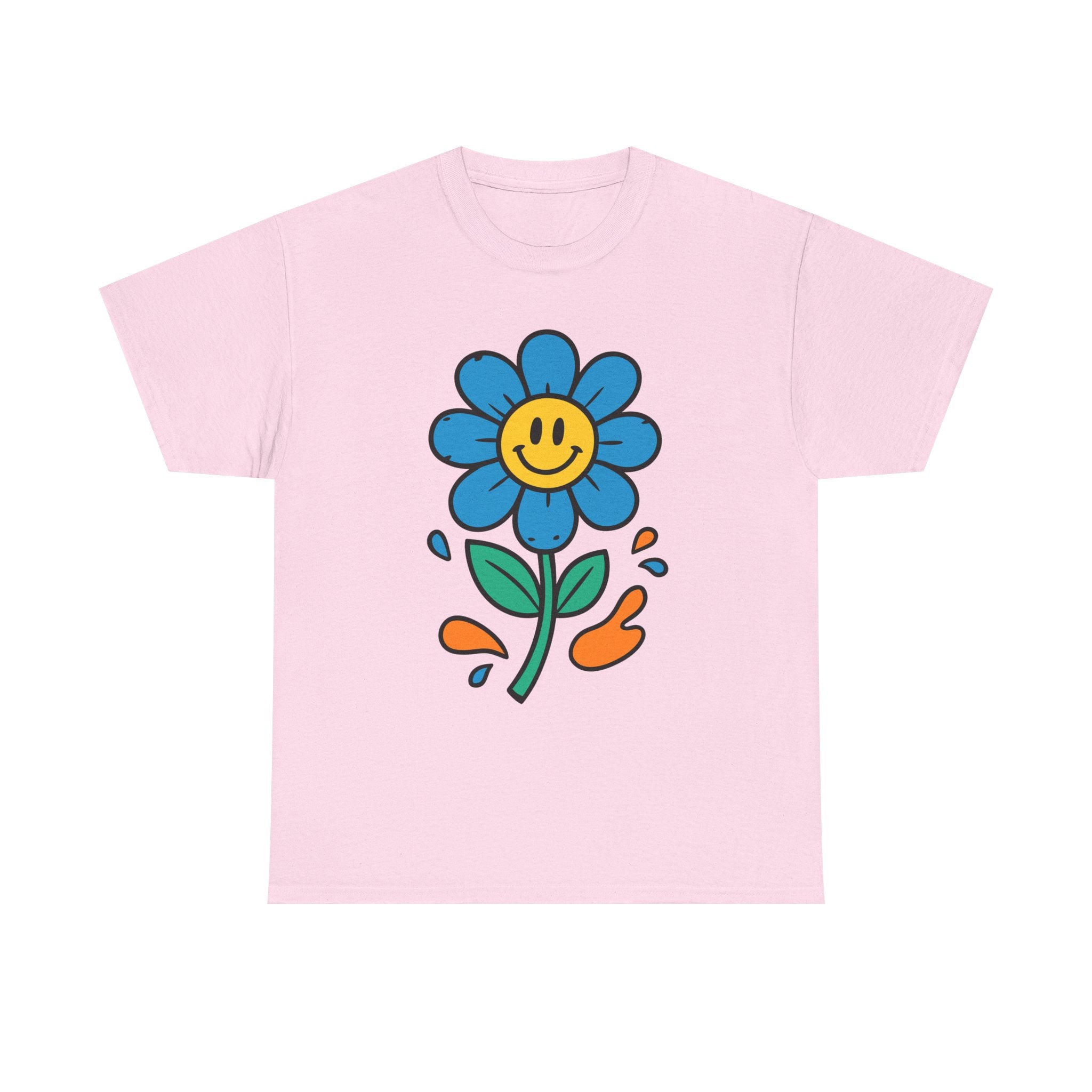 Happy Flower Unisex Heavy Cotton Tee – Cute Smiley Graphic Shirt, Nature Lover Gift, Casual Summer Style, Festival & Everyday Wear