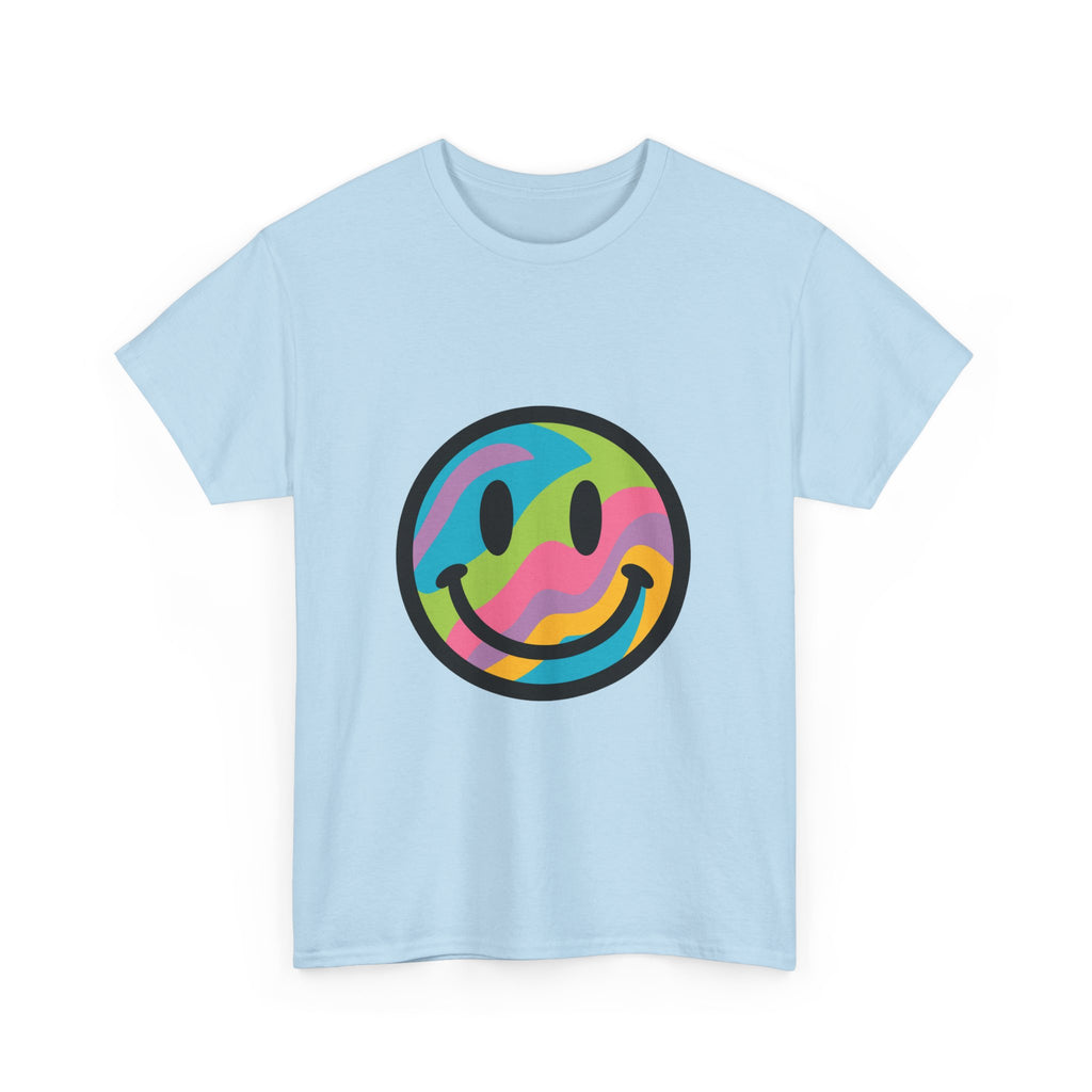 Colorful Smiley Face Unisex Heavy Cotton Tee – Casual Streetwear Graphic Shirt, Happiness Vibes, Summer Fashion Gift for Friends
