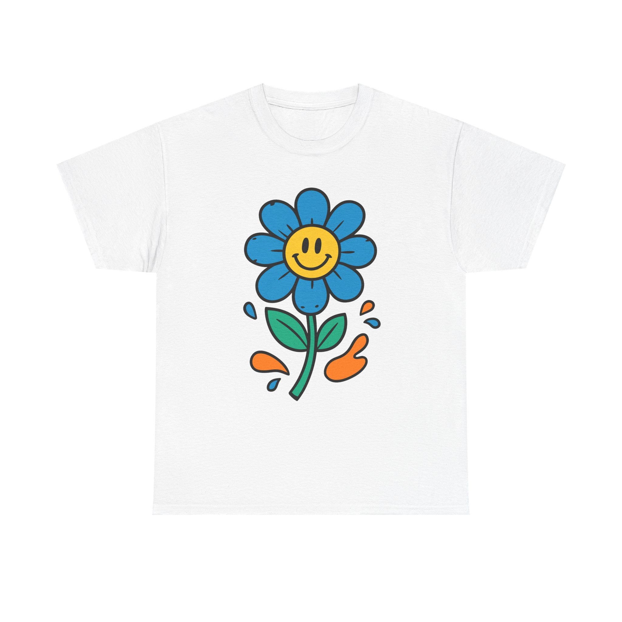 Happy Flower Unisex Heavy Cotton Tee – Cute Smiley Graphic Shirt, Nature Lover Gift, Casual Summer Style, Festival & Everyday Wear