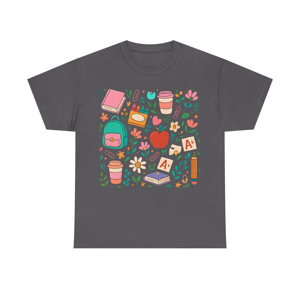 Teacher School Supplies Shirt – Cute Back to School Graphic Tee with Coffee, Books & A+ Icons | Gift for Educators & Classroom Style