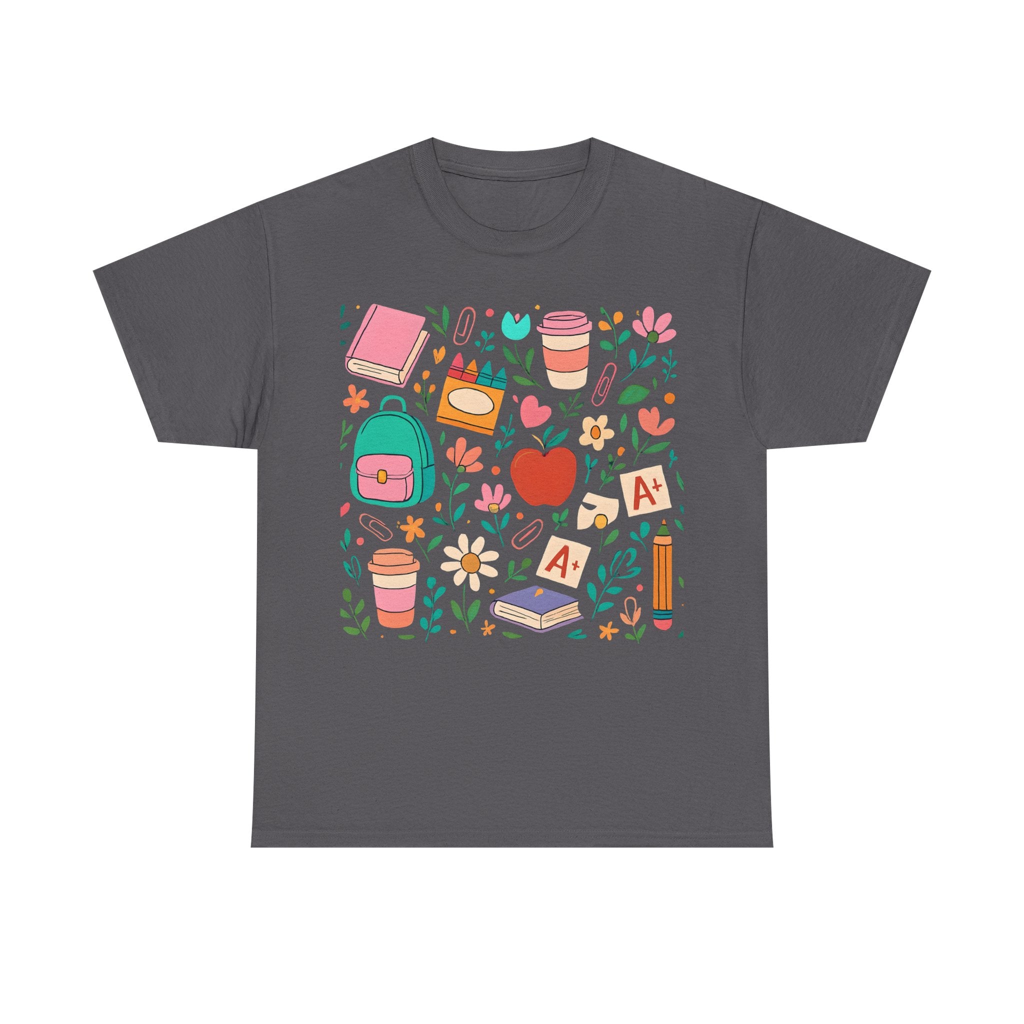 Teacher School Supplies Shirt – Cute Back to School Graphic Tee with Coffee, Books & A+ Icons | Gift for Educators & Classroom Style