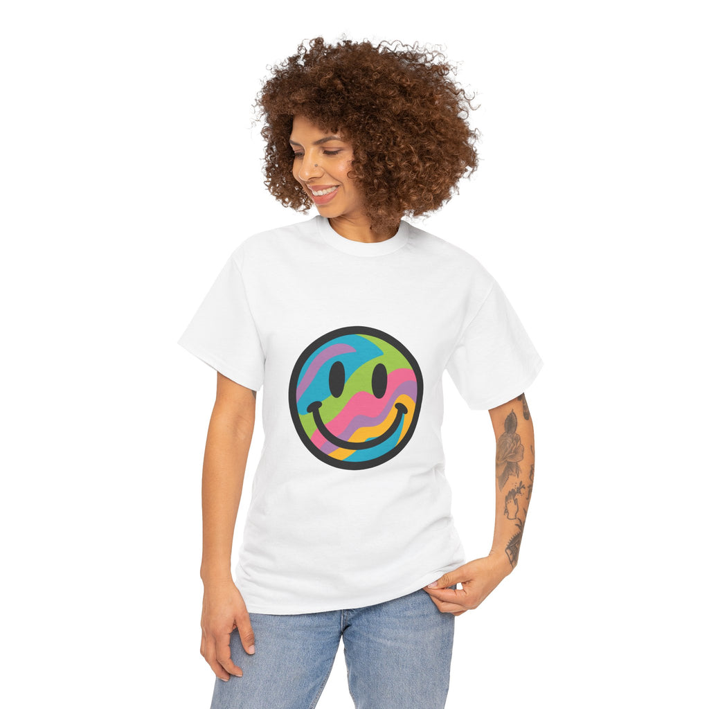 Colorful Smiley Face Unisex Heavy Cotton Tee – Casual Streetwear Graphic Shirt, Happiness Vibes, Summer Fashion Gift for Friends