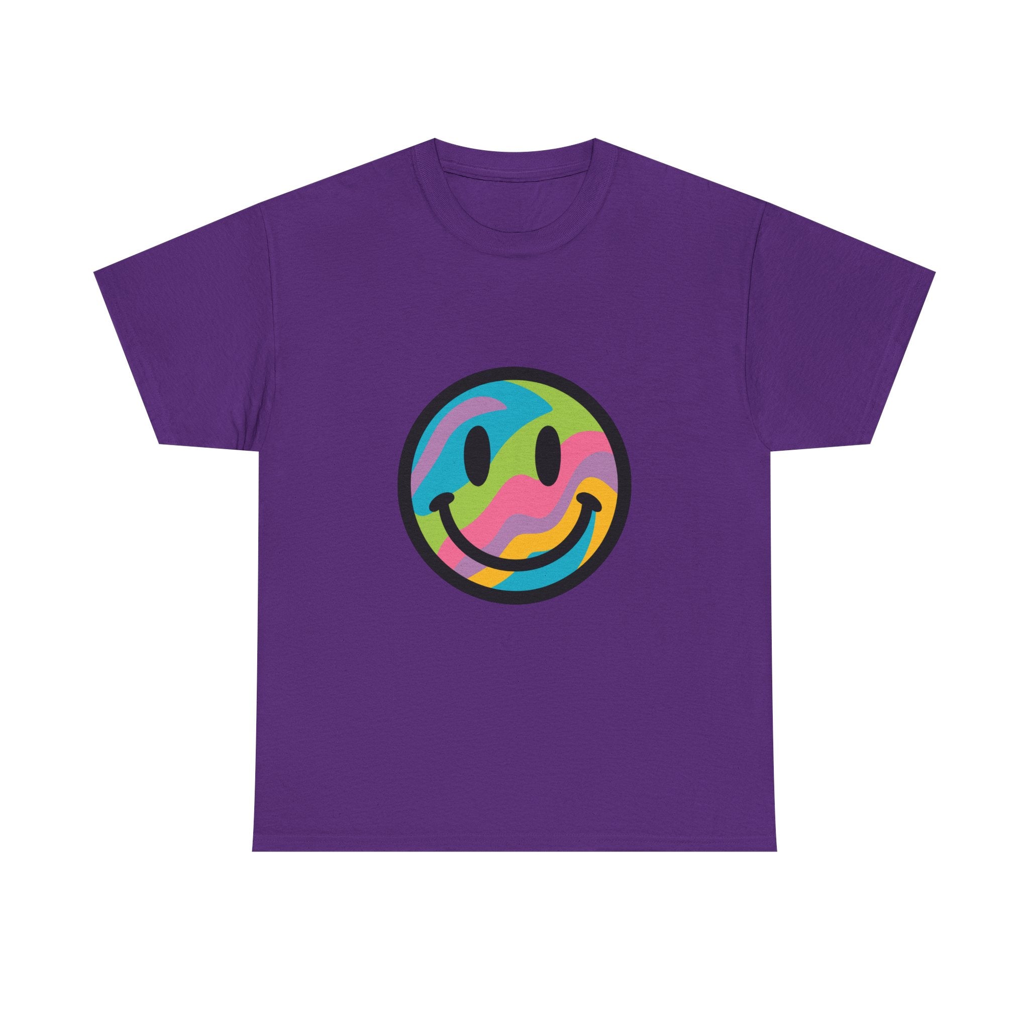 Colorful Smiley Face Unisex Heavy Cotton Tee – Casual Streetwear Graphic Shirt, Happiness Vibes, Summer Fashion Gift for Friends