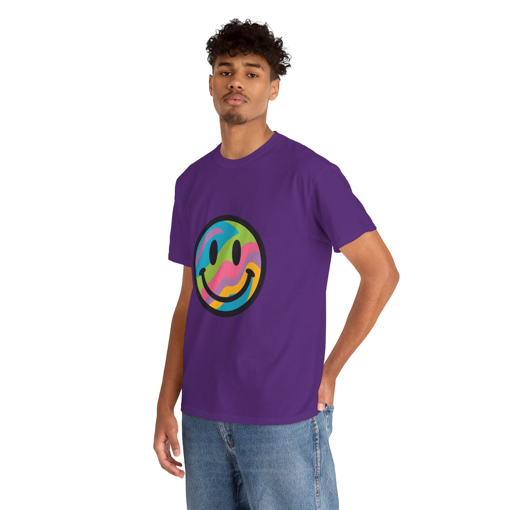 Colorful Smiley Face Unisex Heavy Cotton Tee – Casual Streetwear Graphic Shirt, Happiness Vibes, Summer Fashion Gift for Friends