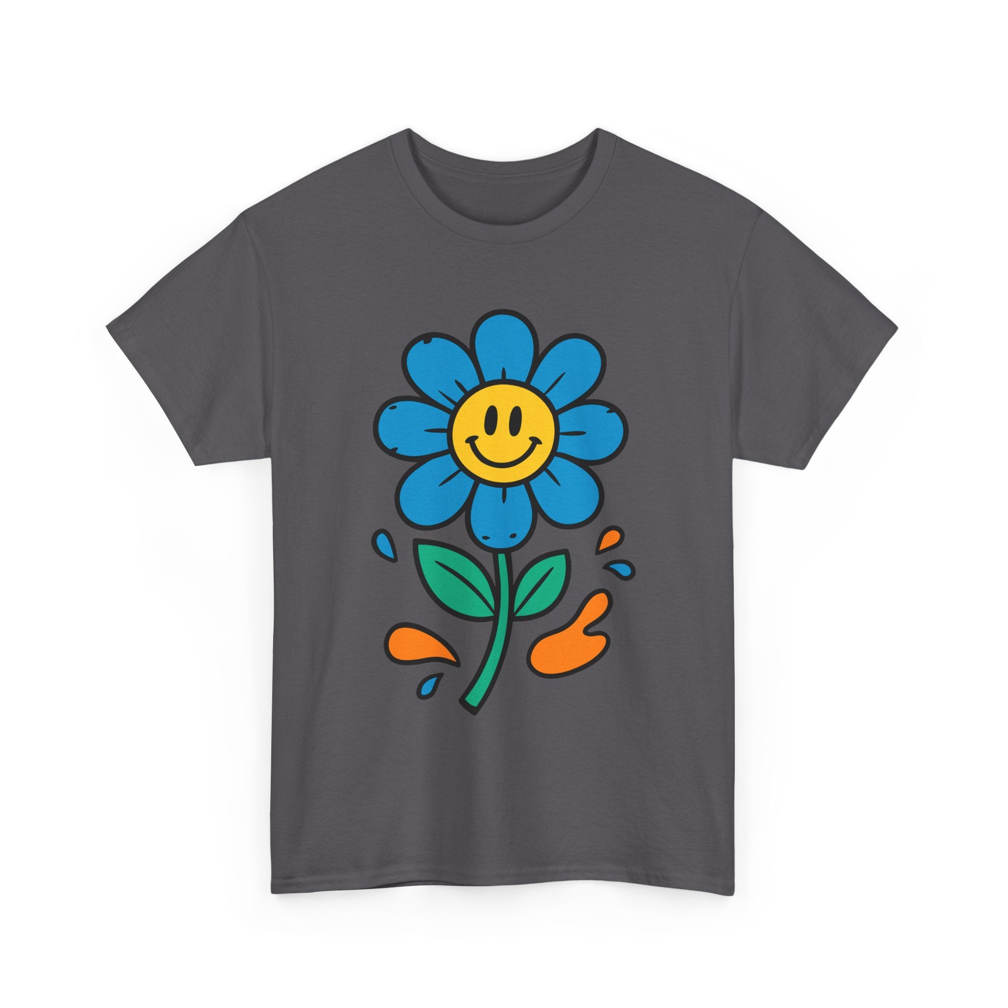 Happy Flower Unisex Heavy Cotton Tee – Cute Smiley Graphic Shirt, Nature Lover Gift, Casual Summer Style, Festival & Everyday Wear