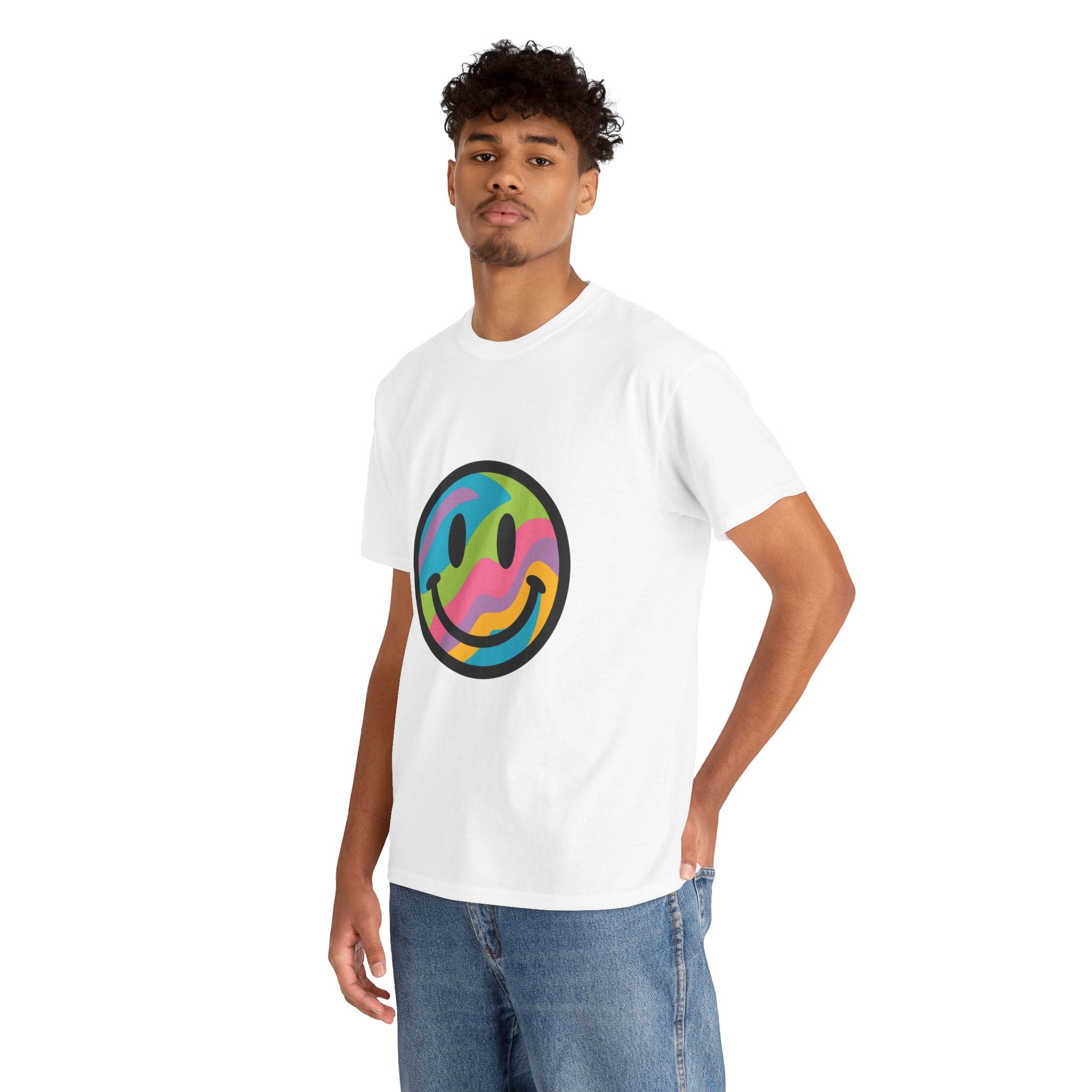 Colorful Smiley Face Unisex Heavy Cotton Tee – Casual Streetwear Graphic Shirt, Happiness Vibes, Summer Fashion Gift for Friends