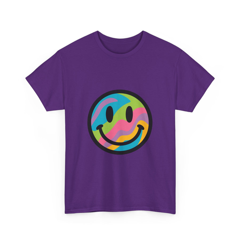 Colorful Smiley Face Unisex Heavy Cotton Tee – Casual Streetwear Graphic Shirt, Happiness Vibes, Summer Fashion Gift for Friends