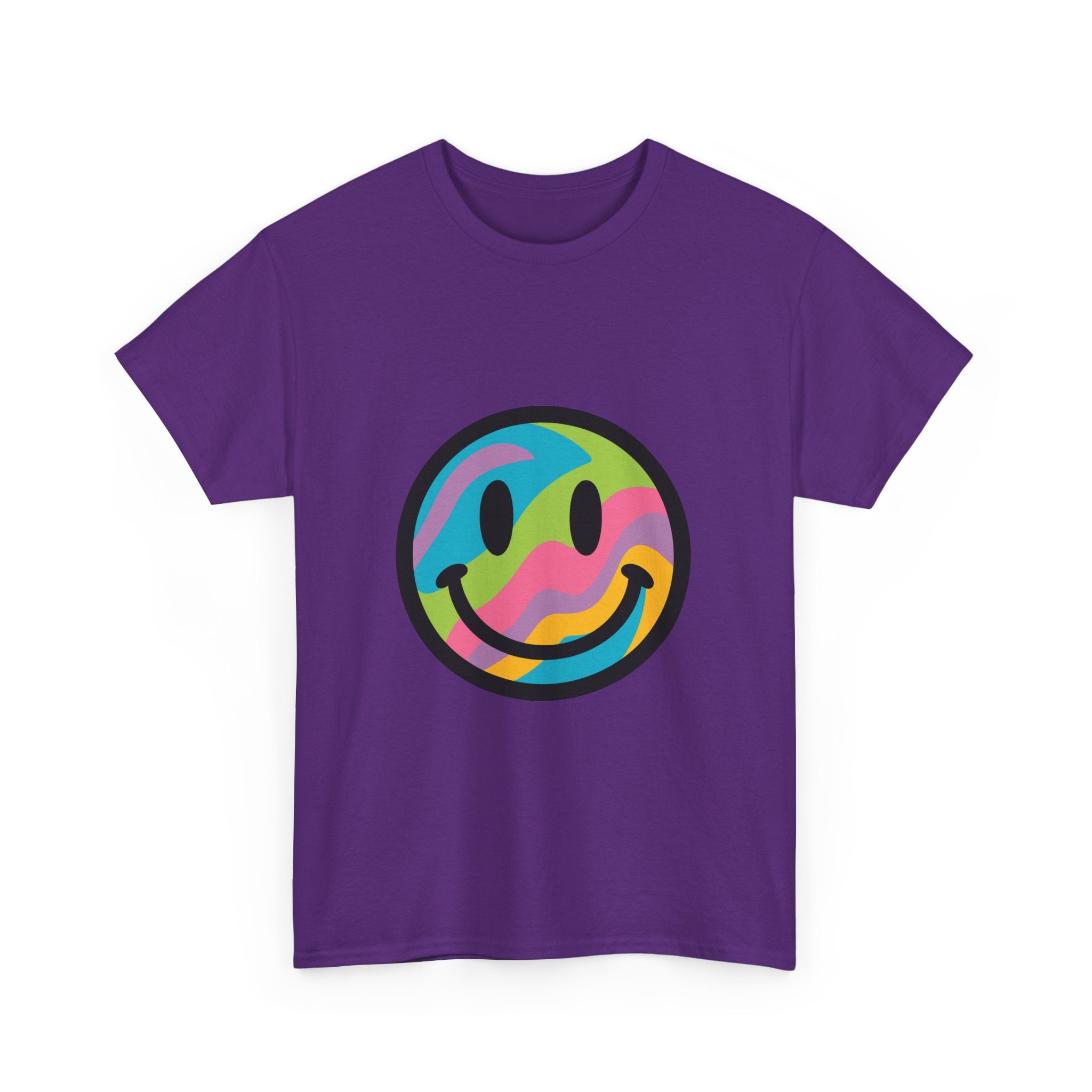 Colorful Smiley Face Unisex Heavy Cotton Tee – Casual Streetwear Graphic Shirt, Happiness Vibes, Summer Fashion Gift for Friends