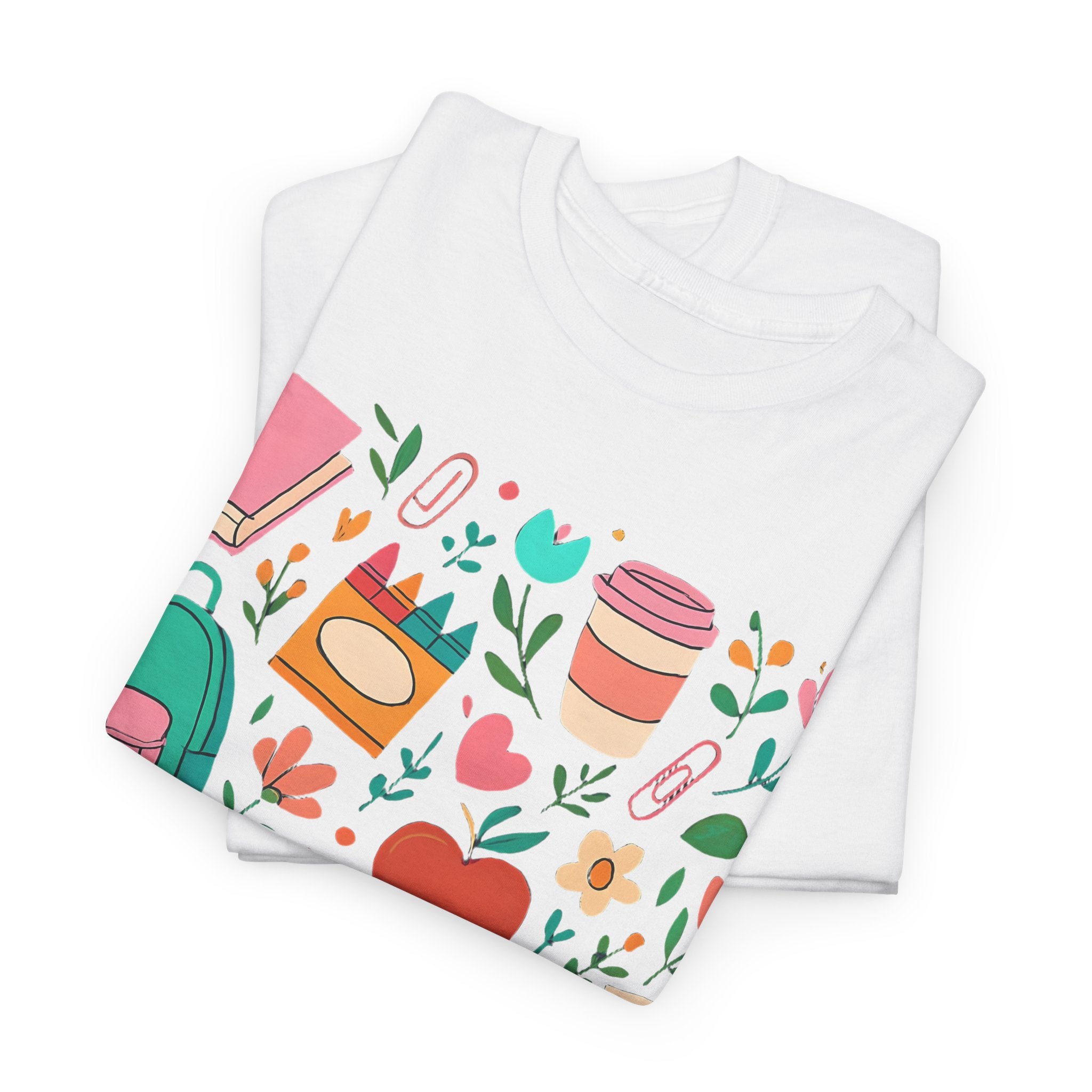 Teacher School Supplies Shirt – Cute Back to School Graphic Tee with Coffee, Books & A+ Icons | Gift for Educators & Classroom Style