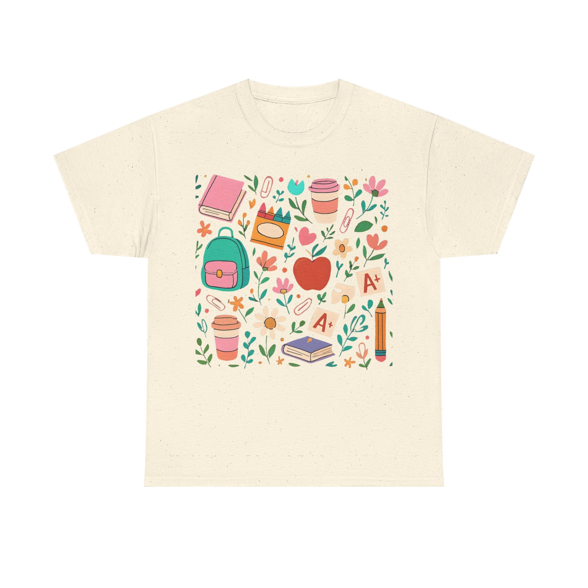 Teacher School Supplies Shirt – Cute Back to School Graphic Tee with Coffee, Books & A+ Icons | Gift for Educators & Classroom Style